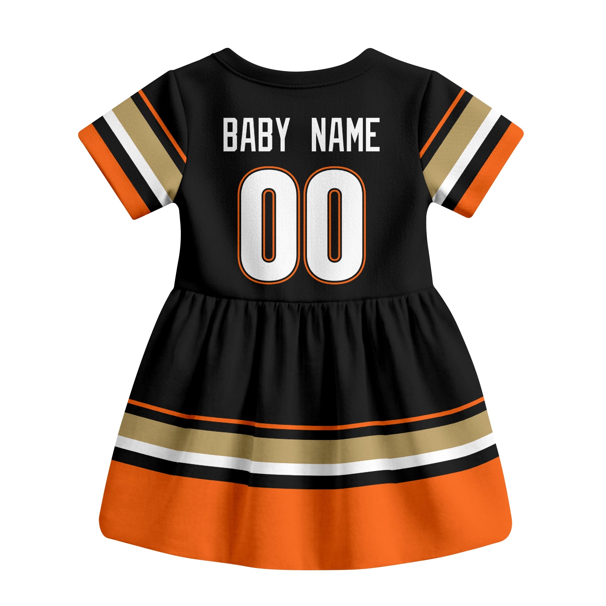 Black Anaheim hockey baby bodysuit dress back view with custom baby name and number