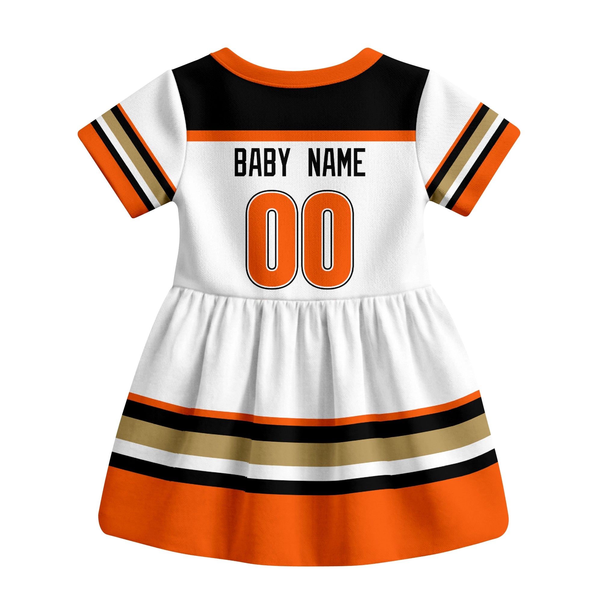 White Anaheim hockey baby bodysuit dress back view with custom baby name and number
