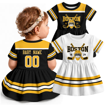 Personalized Boston hockey baby bodysuit dress shown on baby with Black and White city-color styles