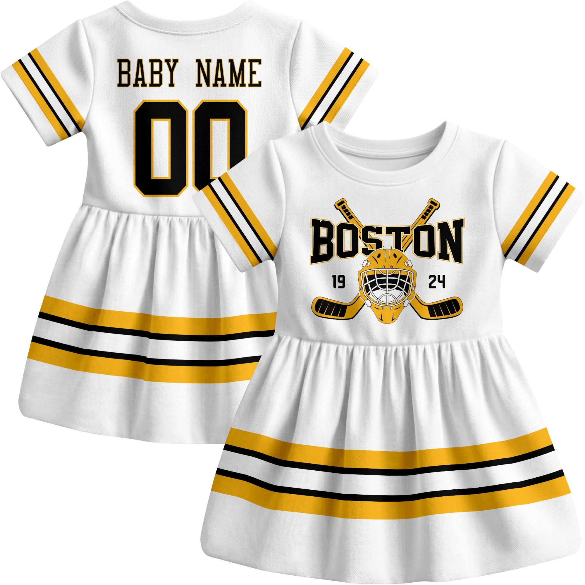 Boston hockey baby bodysuit dress White style front and back view