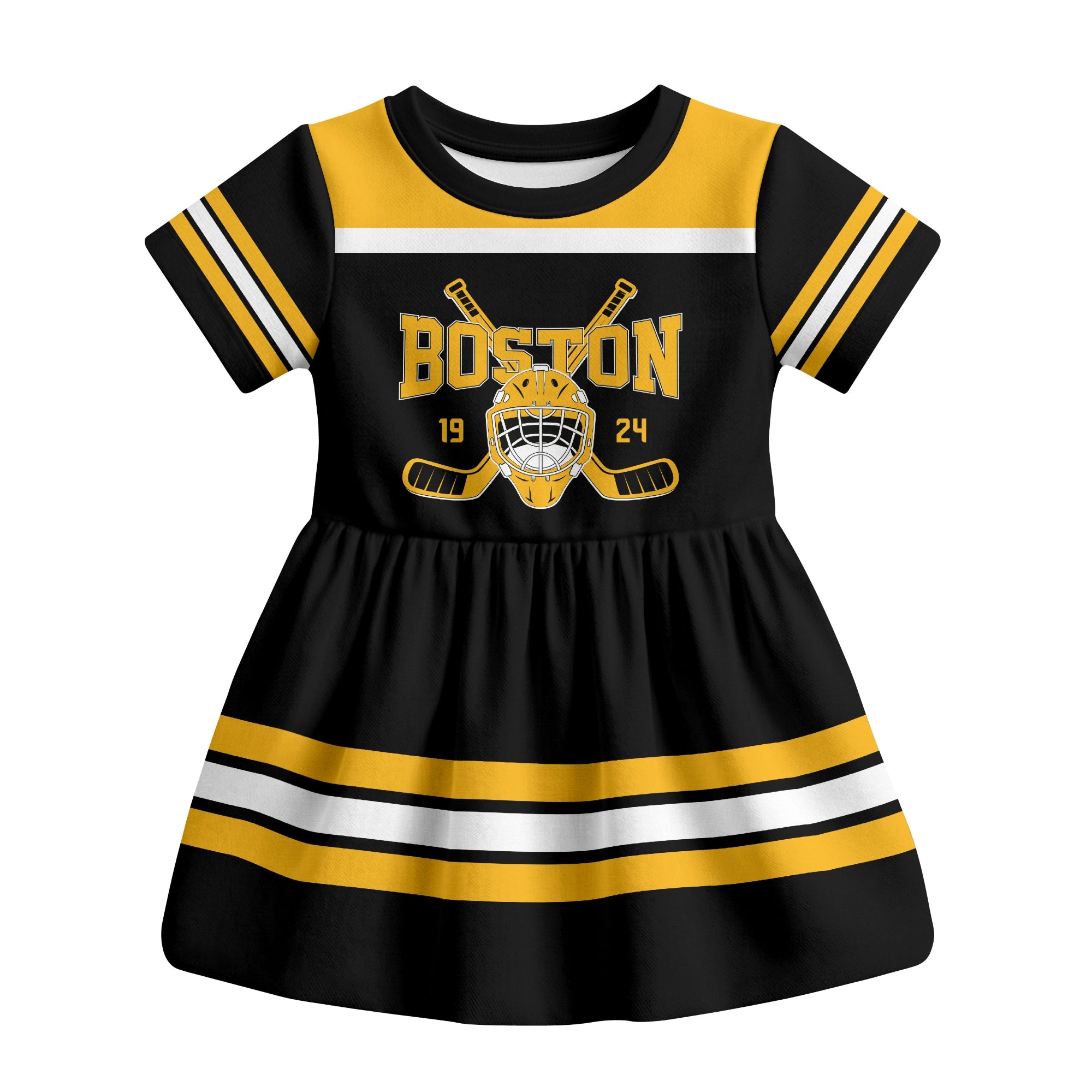Black Boston hockey baby bodysuit dress front view