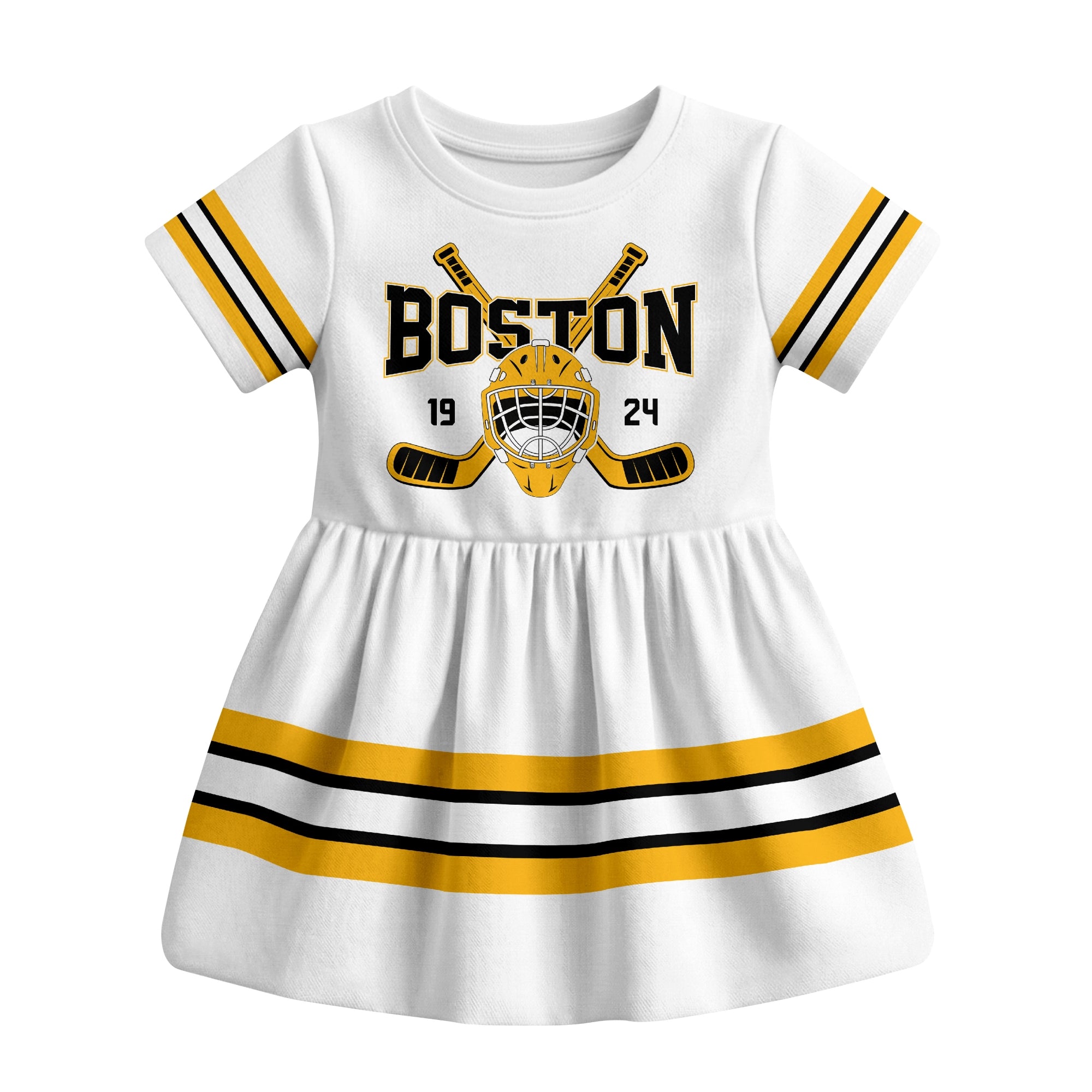White Boston hockey baby bodysuit dress front view