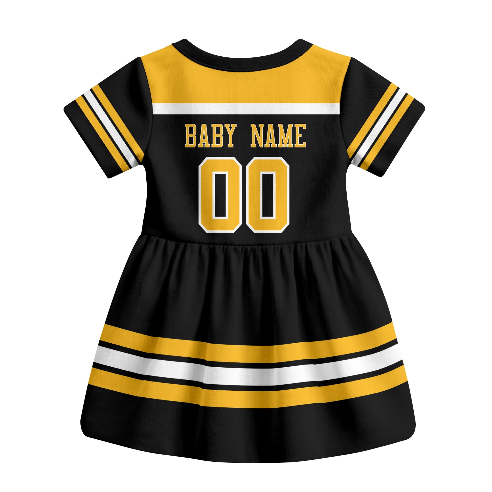 Black Boston hockey baby bodysuit dress back view with custom baby name and number