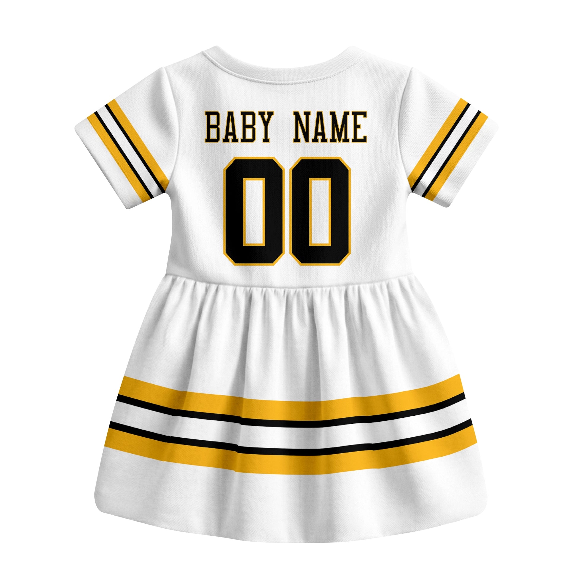 White Boston hockey baby bodysuit dress back view with custom baby name and number