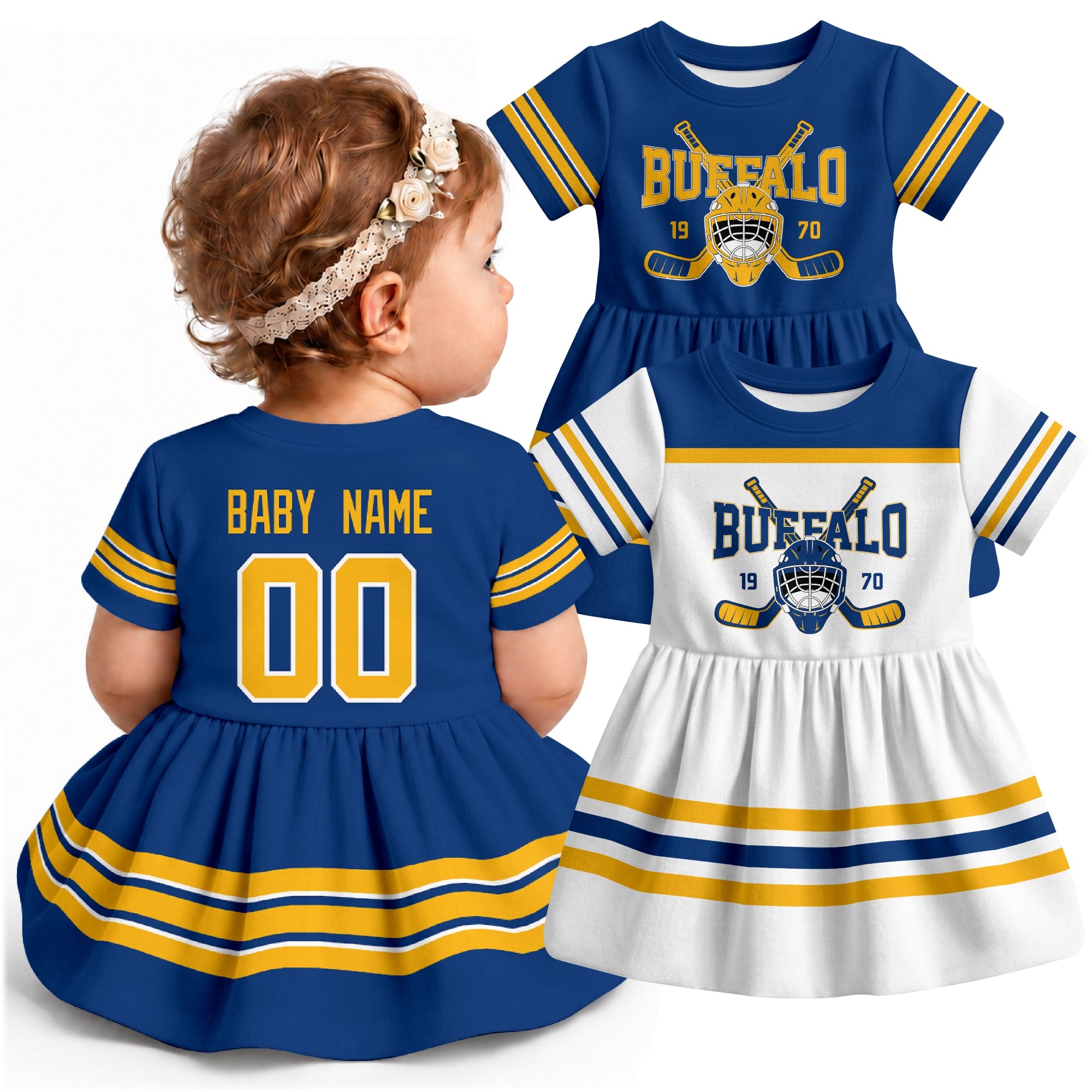 Personalized Buffalo hockey baby bodysuit dress shown on baby with Royal and White city-color styles
