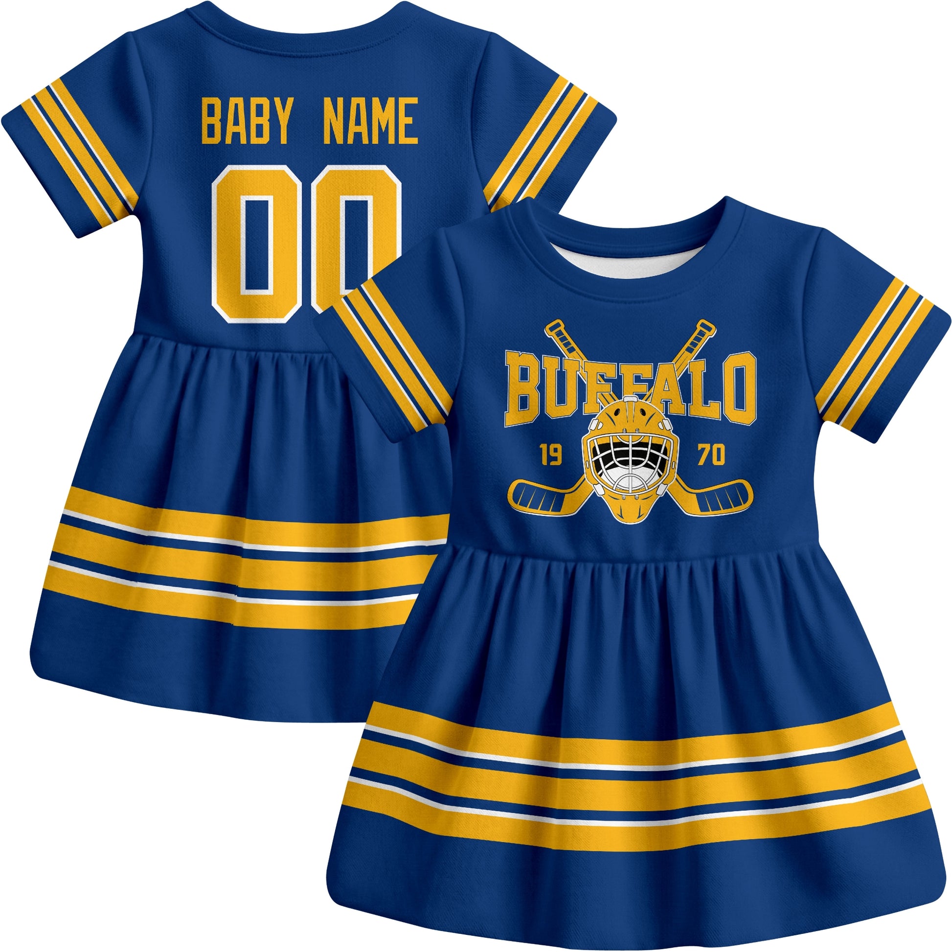 Buffalo hockey baby bodysuit dress Royal style front and back view