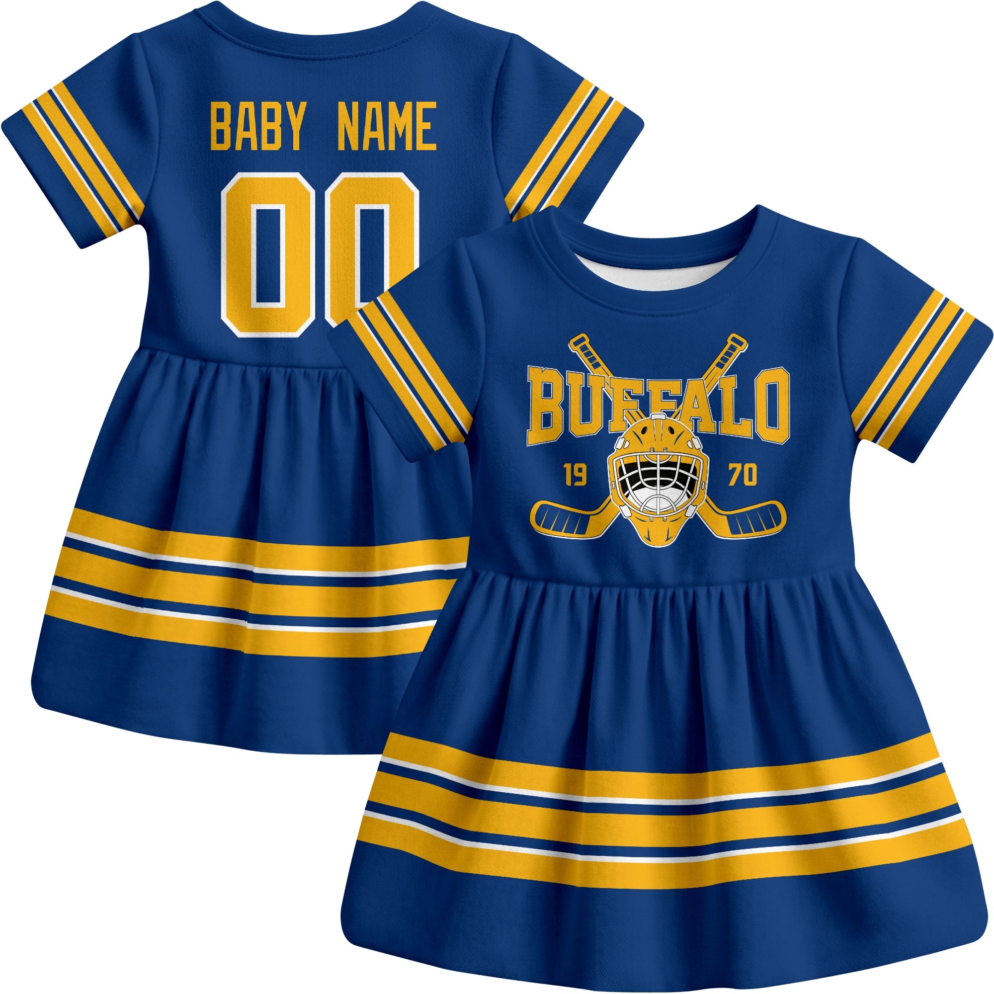 Buffalo hockey baby bodysuit dress Royal style front and back view