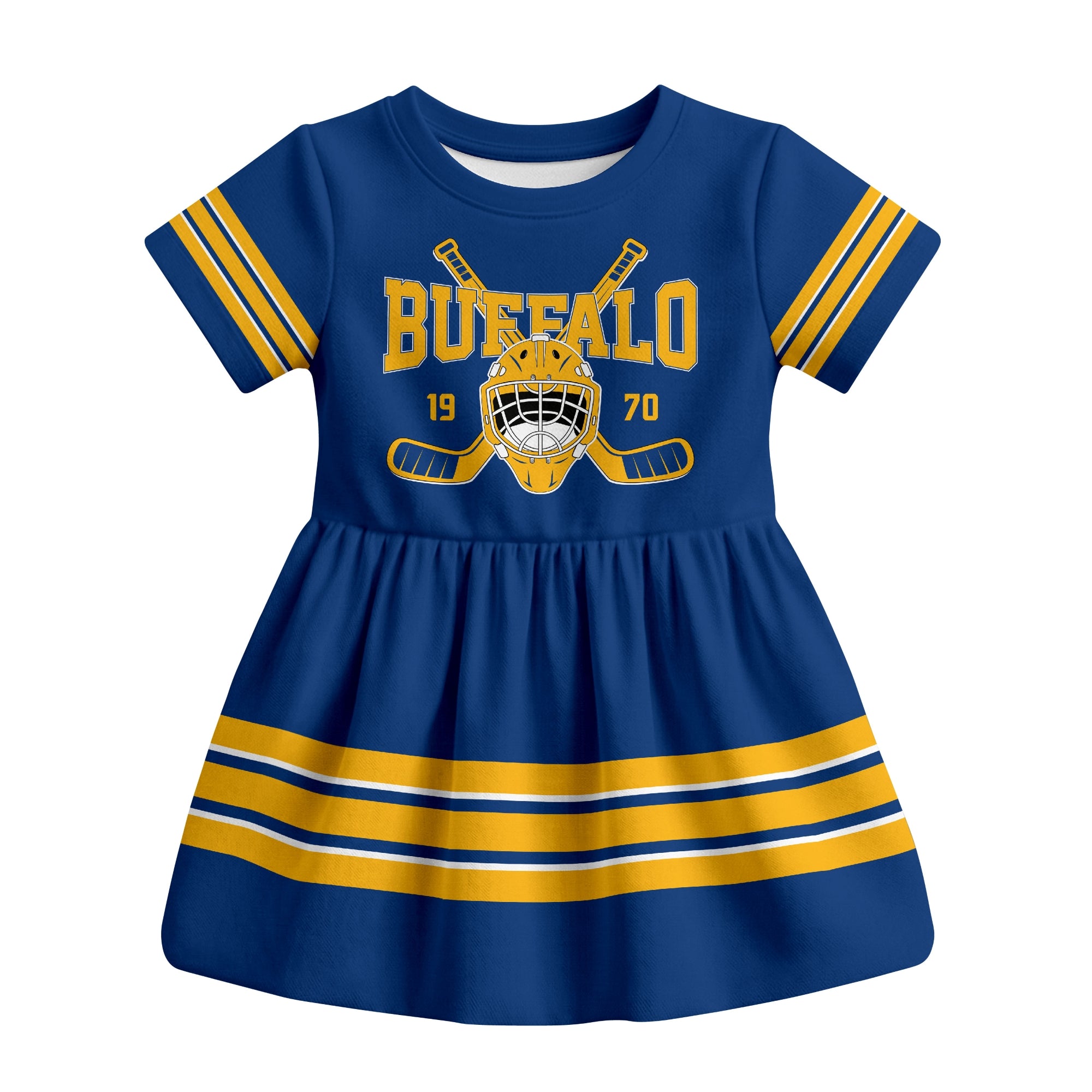 Royal Buffalo hockey baby bodysuit dress front view