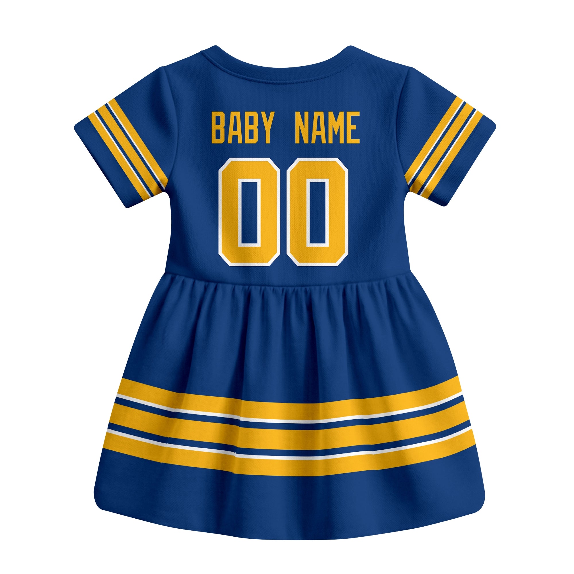 Royal Buffalo hockey baby bodysuit dress back view with custom baby name and number