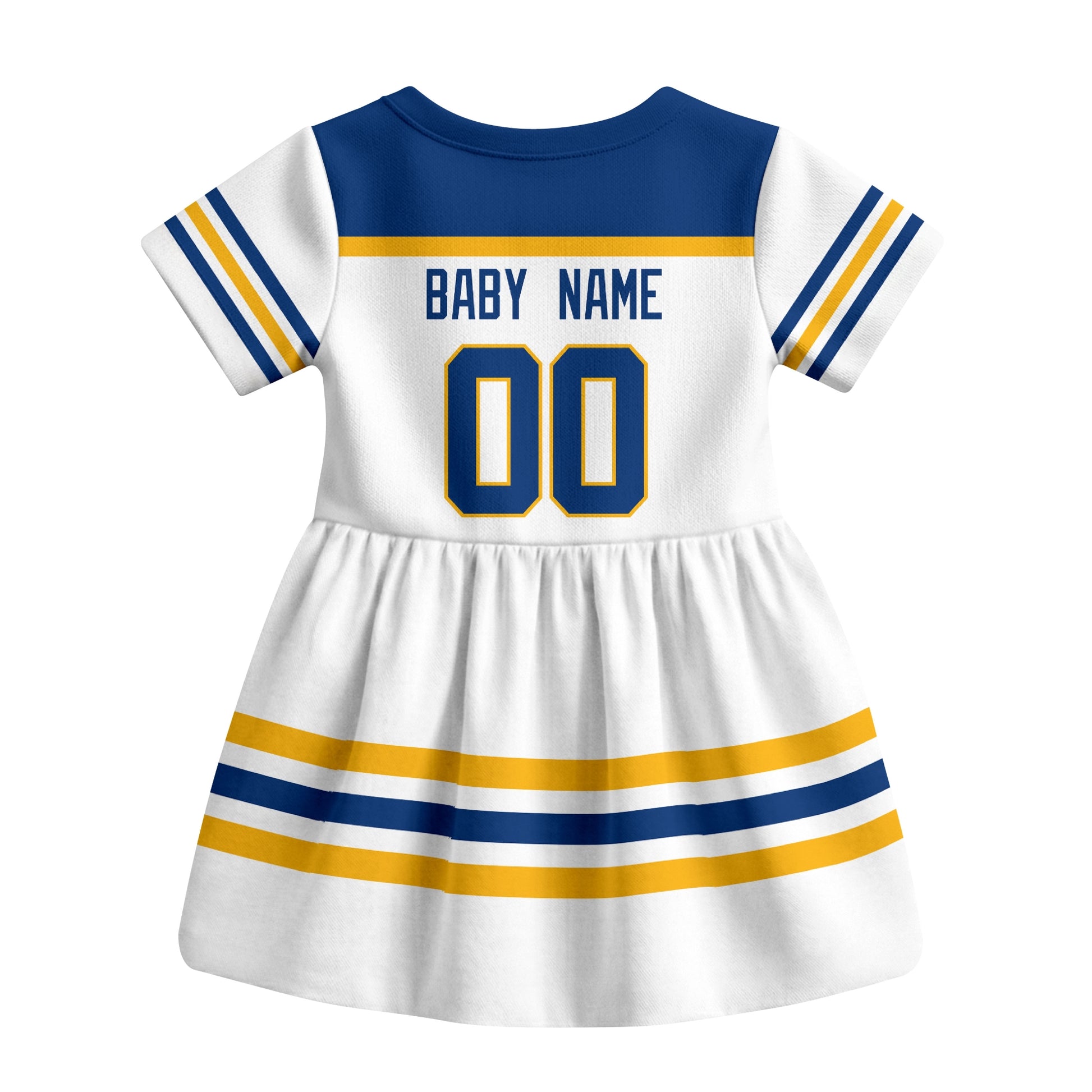 White Buffalo hockey baby bodysuit dress back view with custom baby name and number