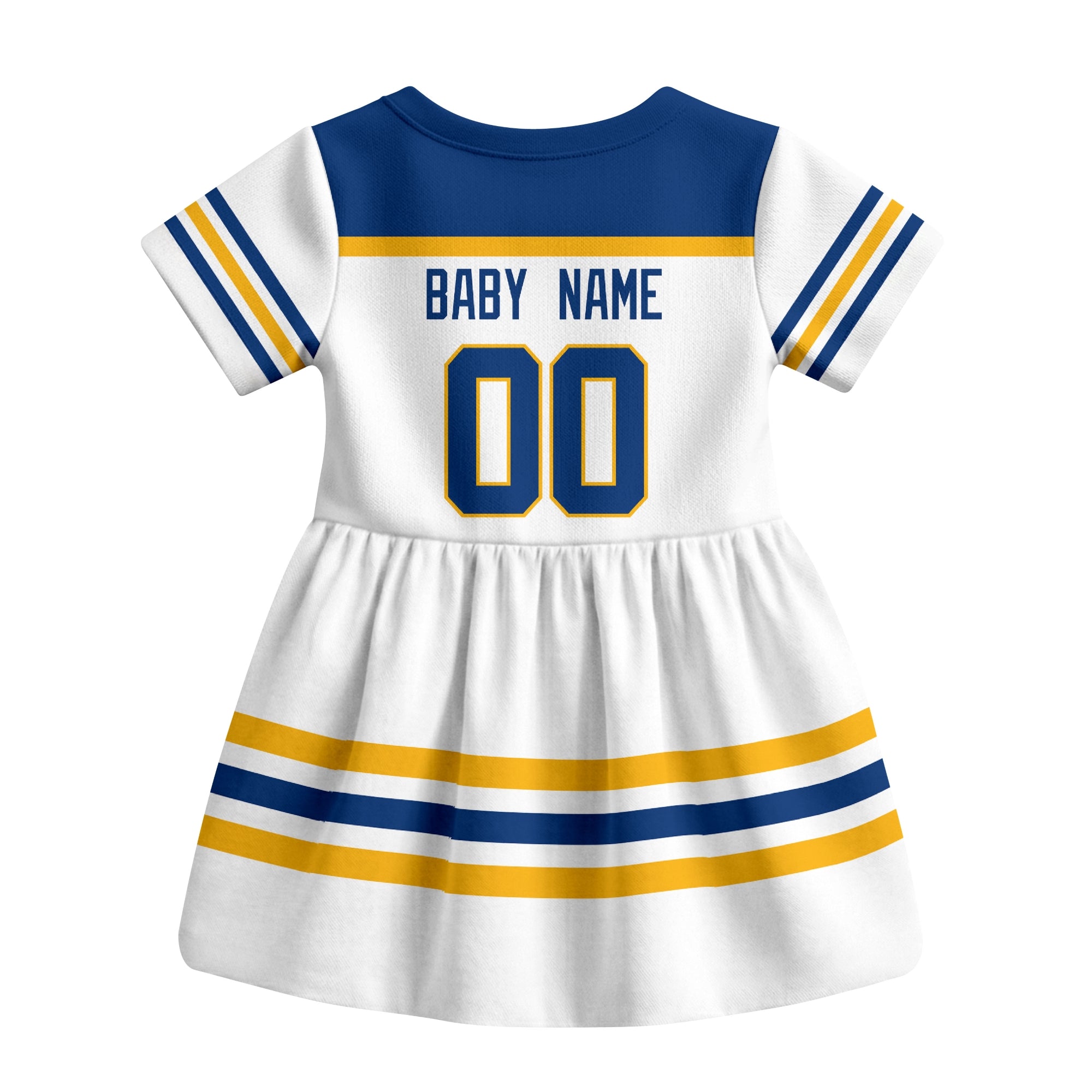 White Buffalo hockey baby bodysuit dress back view with custom baby name and number