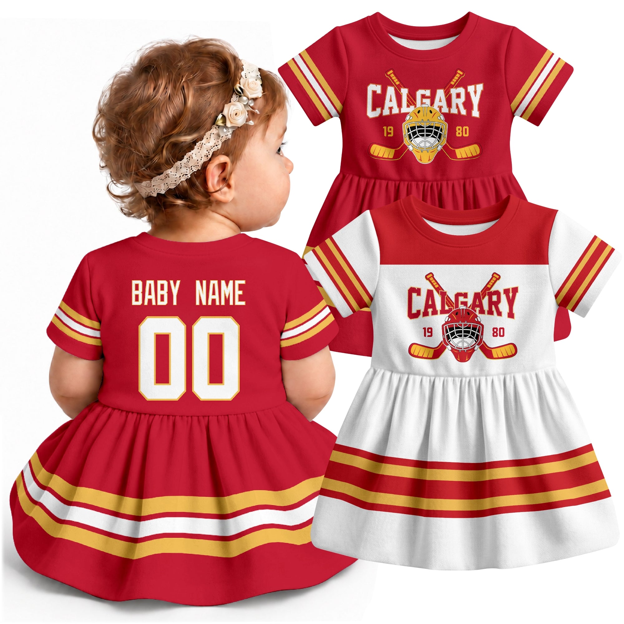 Personalized Calgary hockey baby bodysuit dress shown on baby with Red and White city-color styles