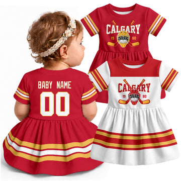 Personalized Calgary hockey baby bodysuit dress shown on baby with Red and White city-color styles