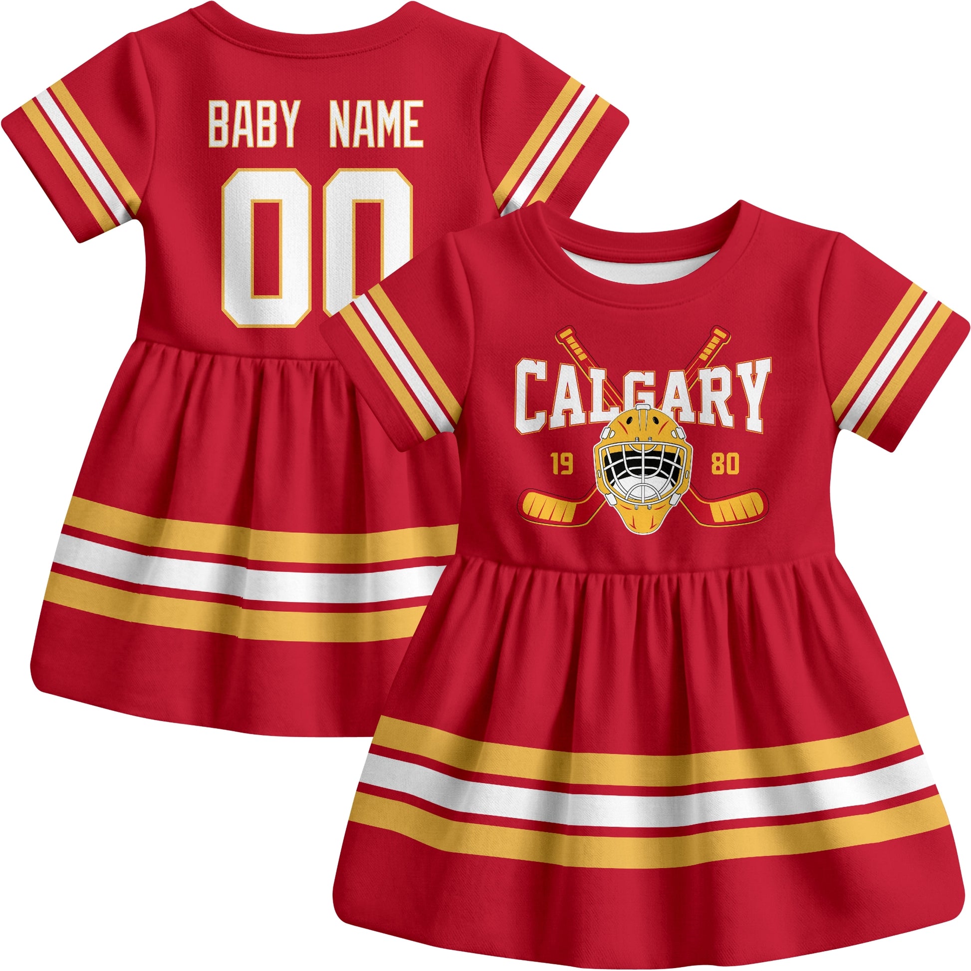 Calgary hockey baby bodysuit dress Red style front and back view