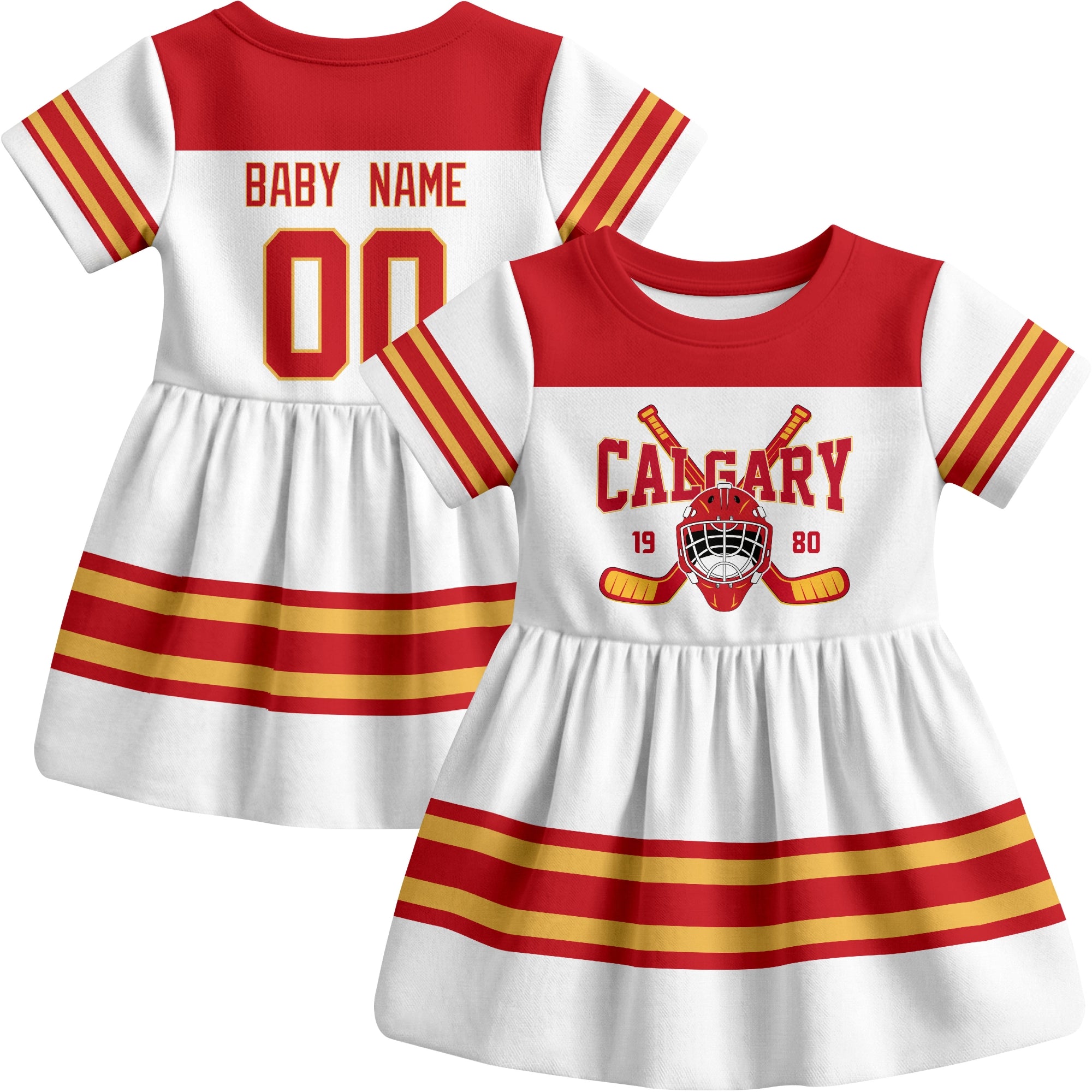 Calgary hockey baby bodysuit dress White style front and back view