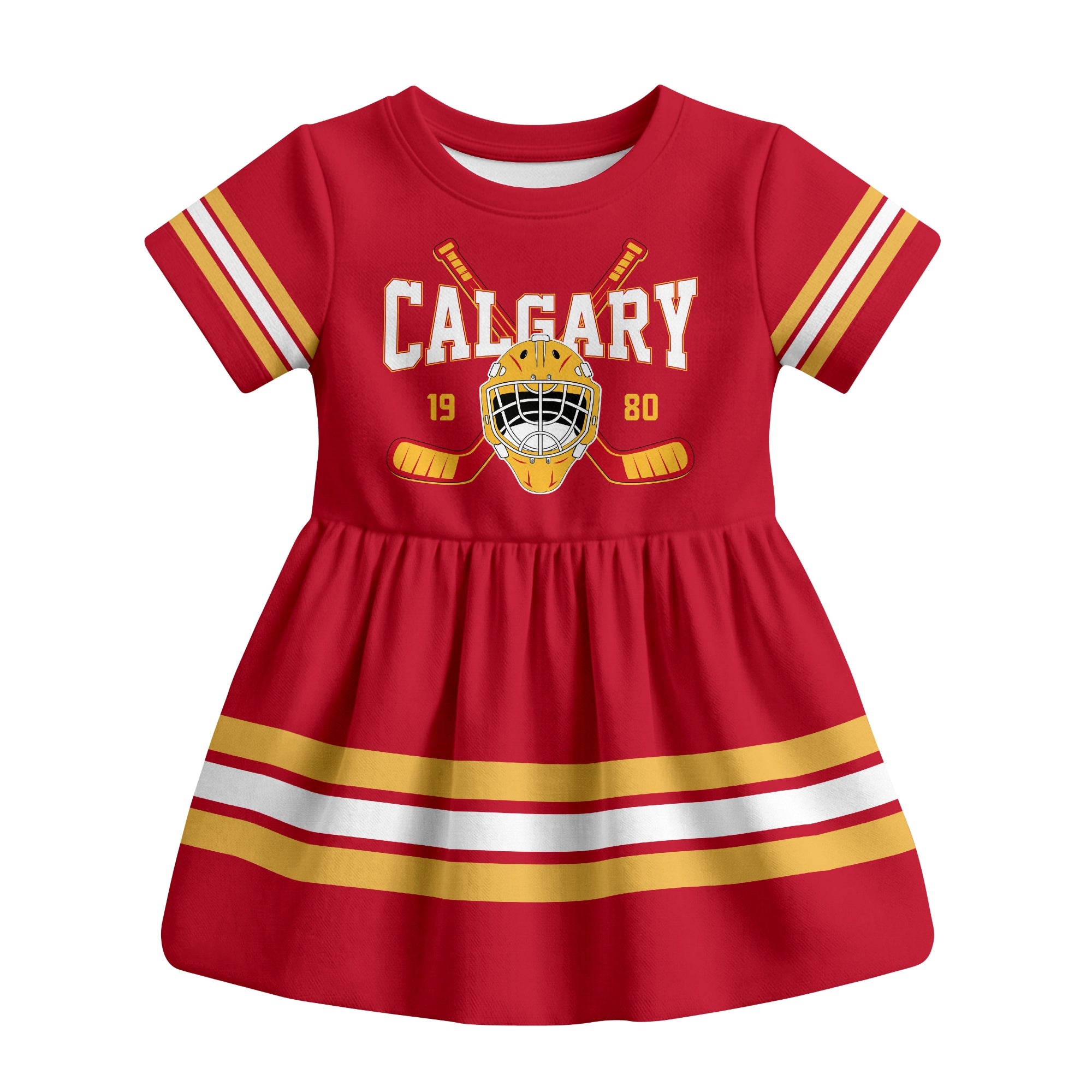 Red Calgary hockey baby bodysuit dress front view