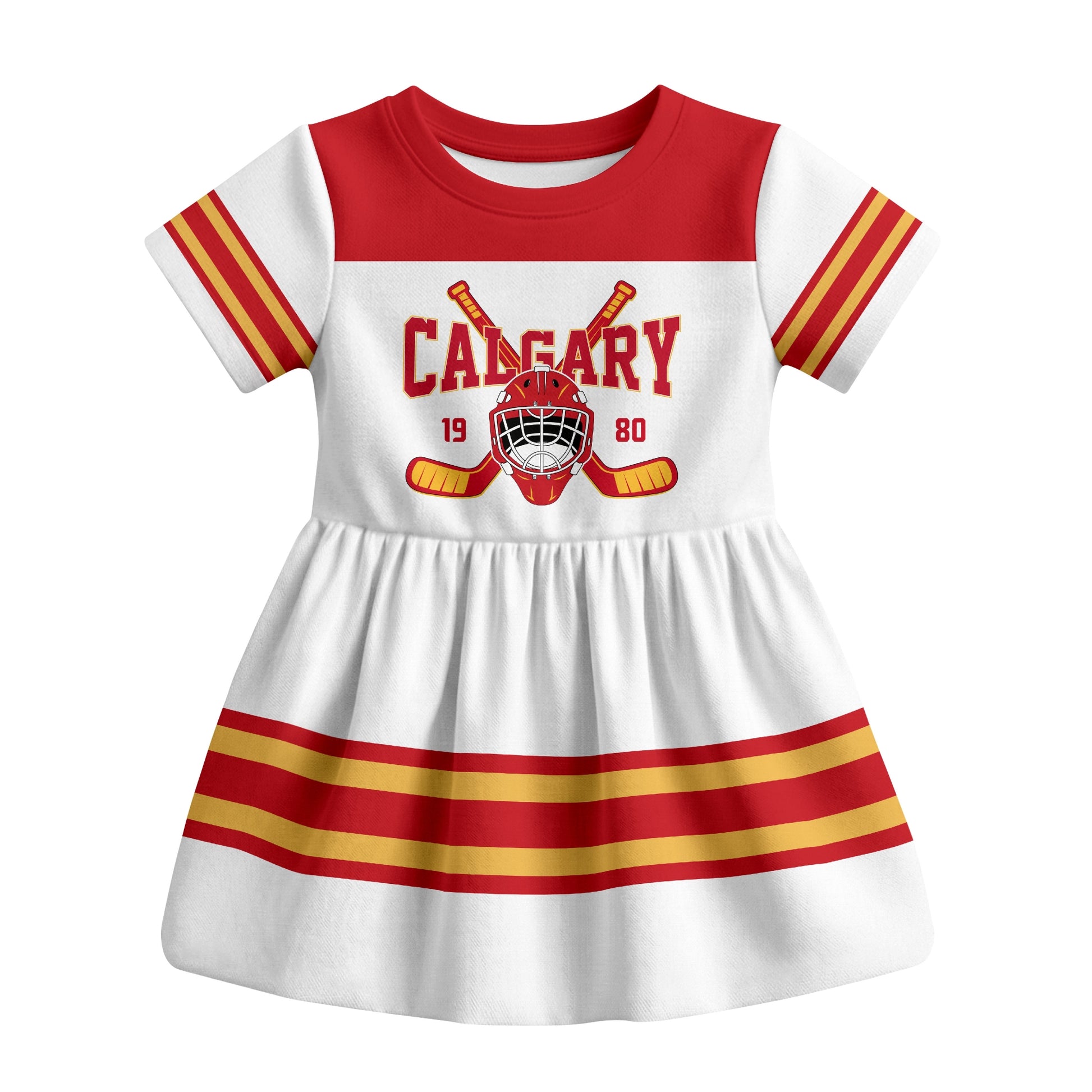 White Calgary hockey baby bodysuit dress front view
