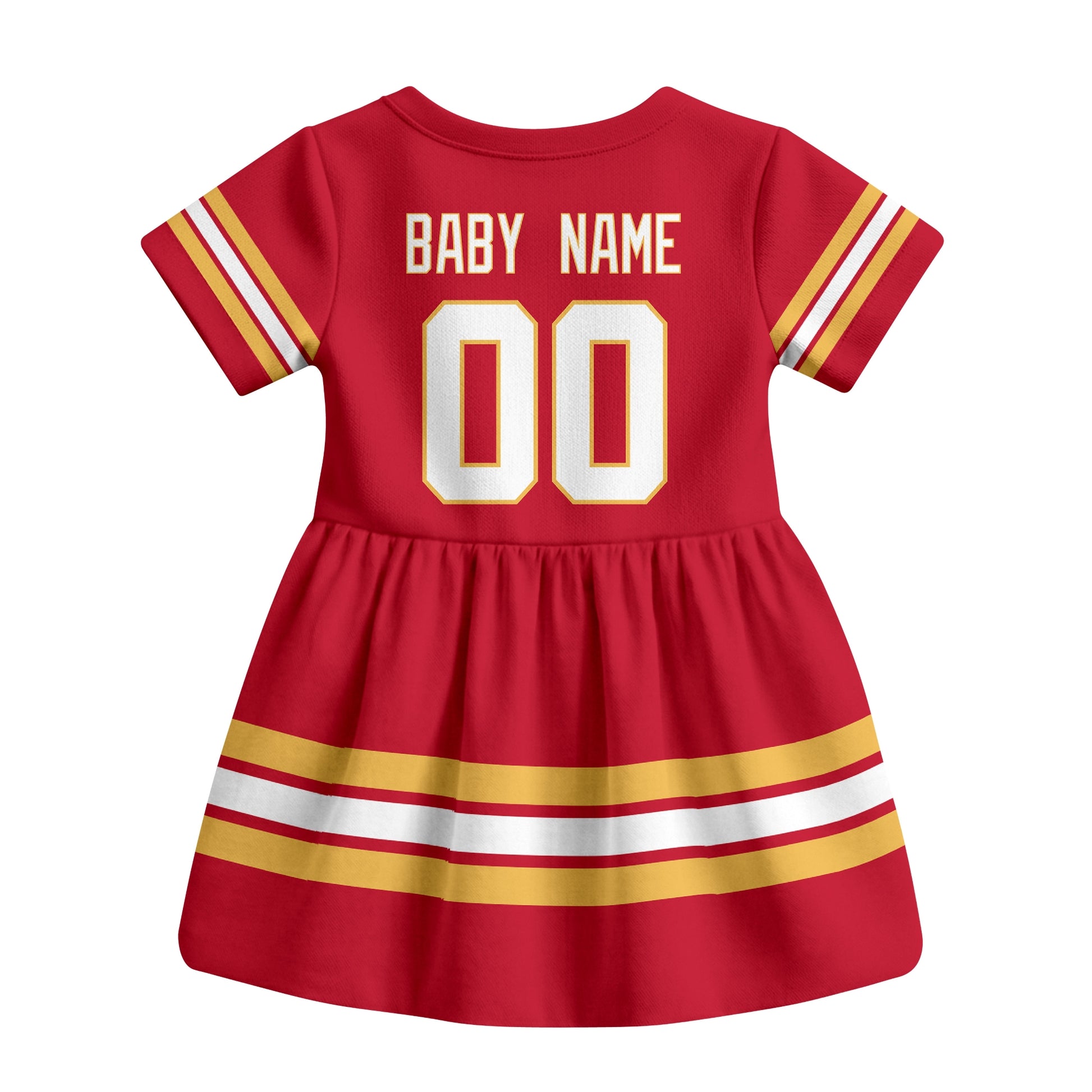 Red Calgary hockey baby bodysuit dress back view with custom baby name and number