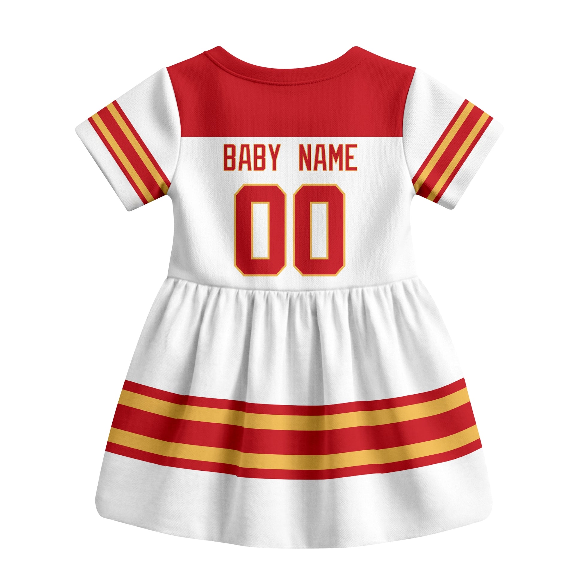 White Calgary hockey baby bodysuit dress back view with custom baby name and number