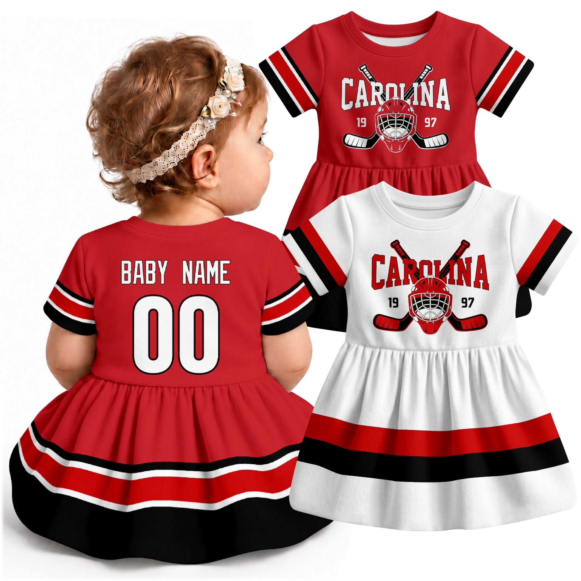 Personalized Carolina hockey baby bodysuit dress shown on baby with Red and White city-color styles