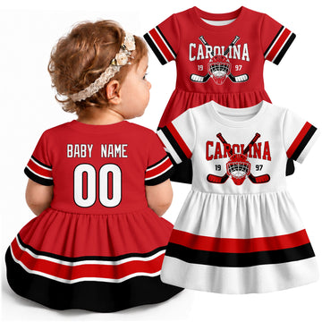 Personalized Carolina hockey baby bodysuit dress shown on baby with Red and White city-color styles