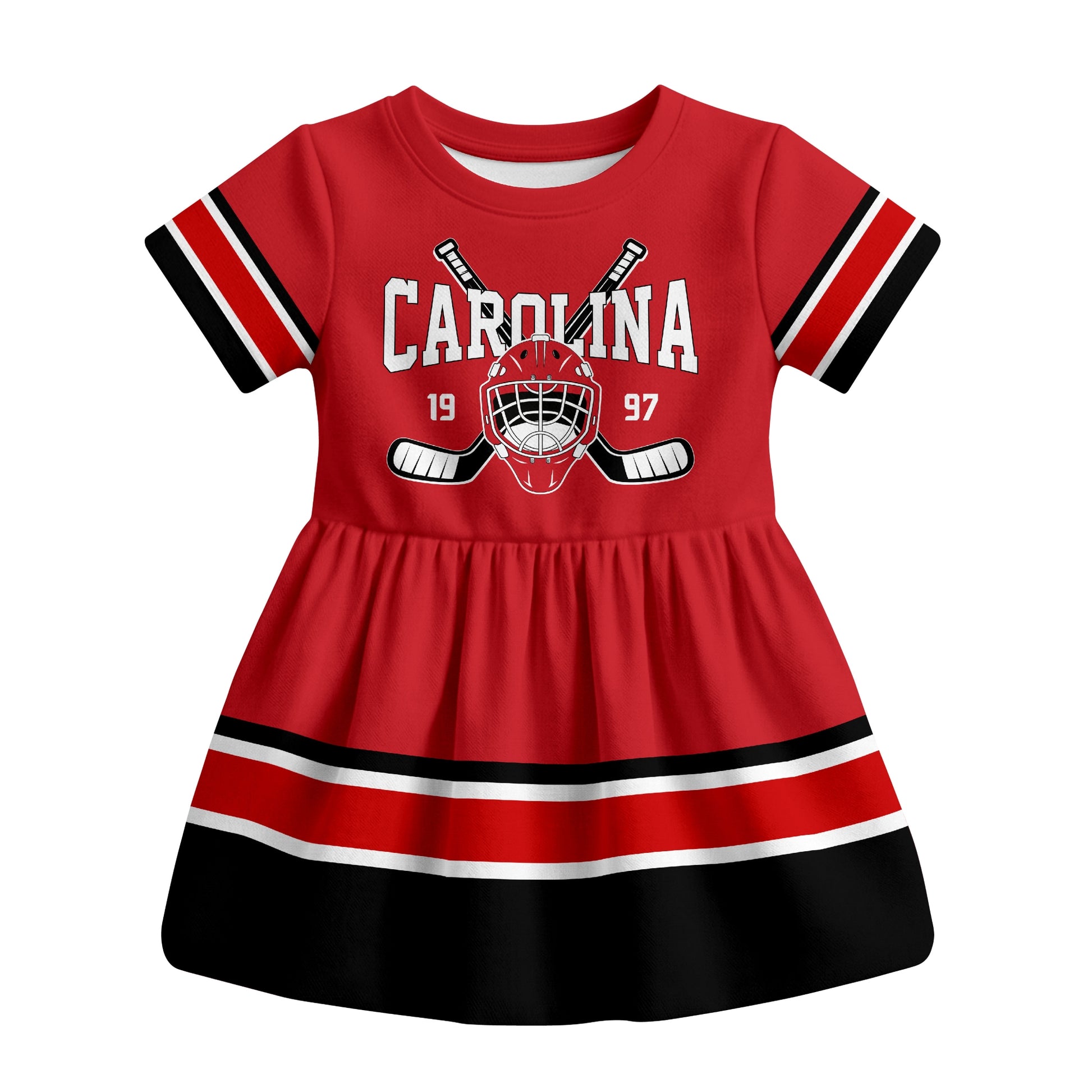 Red Carolina hockey baby bodysuit dress front view