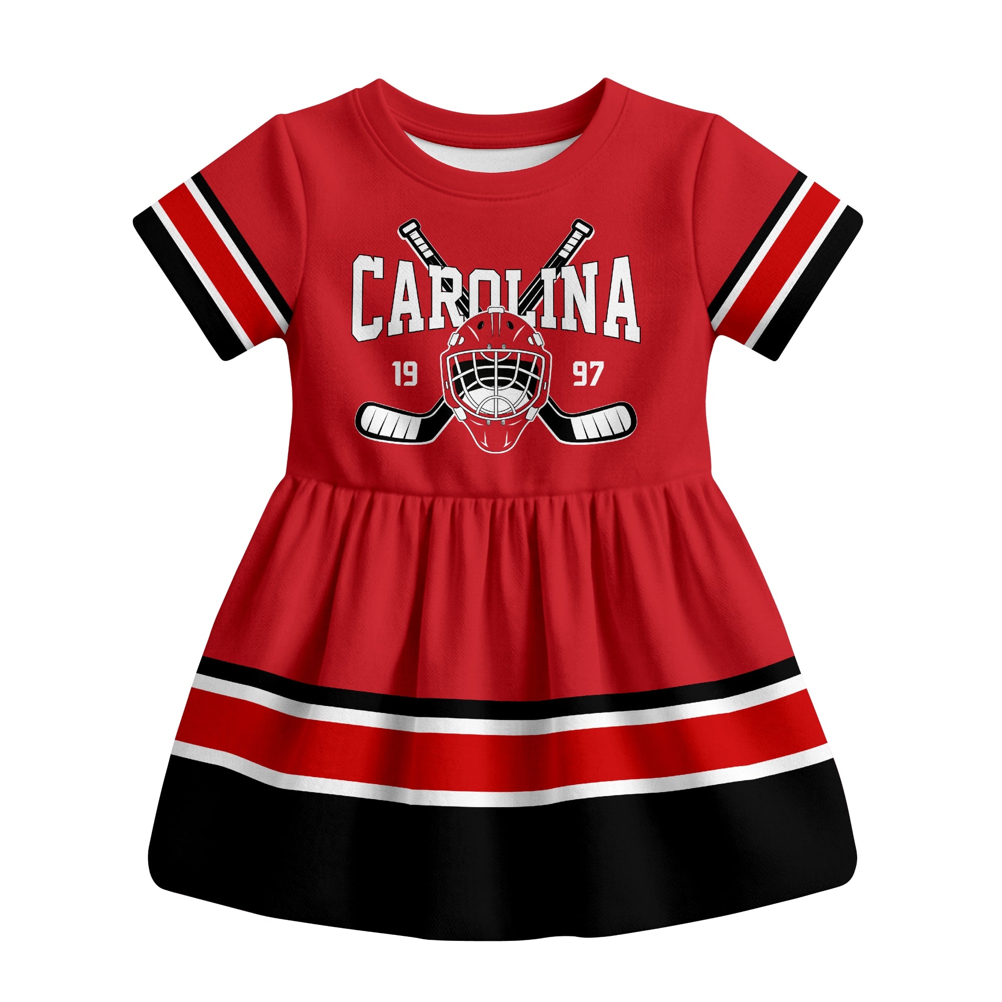 Red Carolina hockey baby bodysuit dress front view