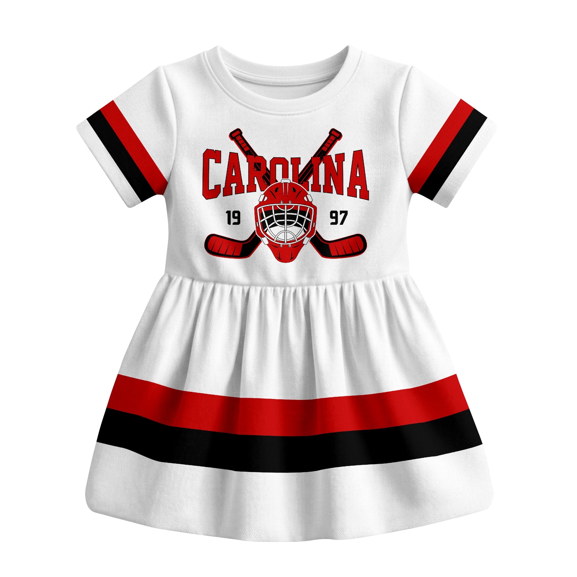 White Carolina hockey baby bodysuit dress front view