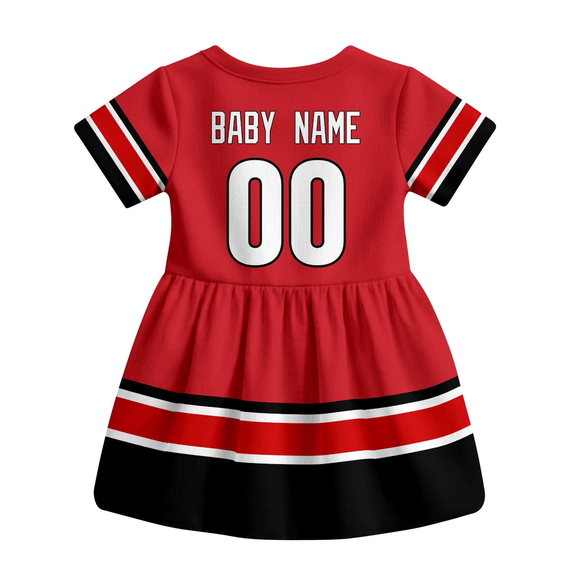 Red Carolina hockey baby bodysuit dress back view with custom baby name and number