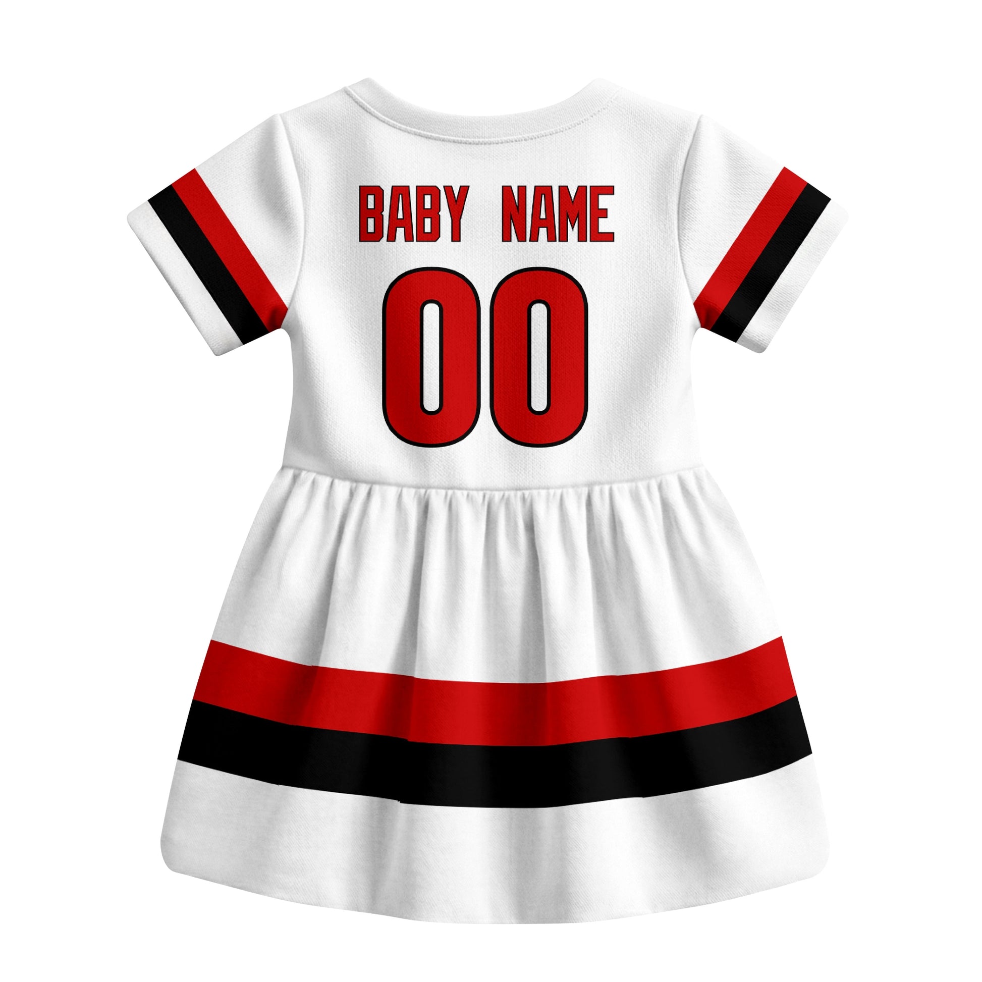 White Carolina hockey baby bodysuit dress back view with custom baby name and number
