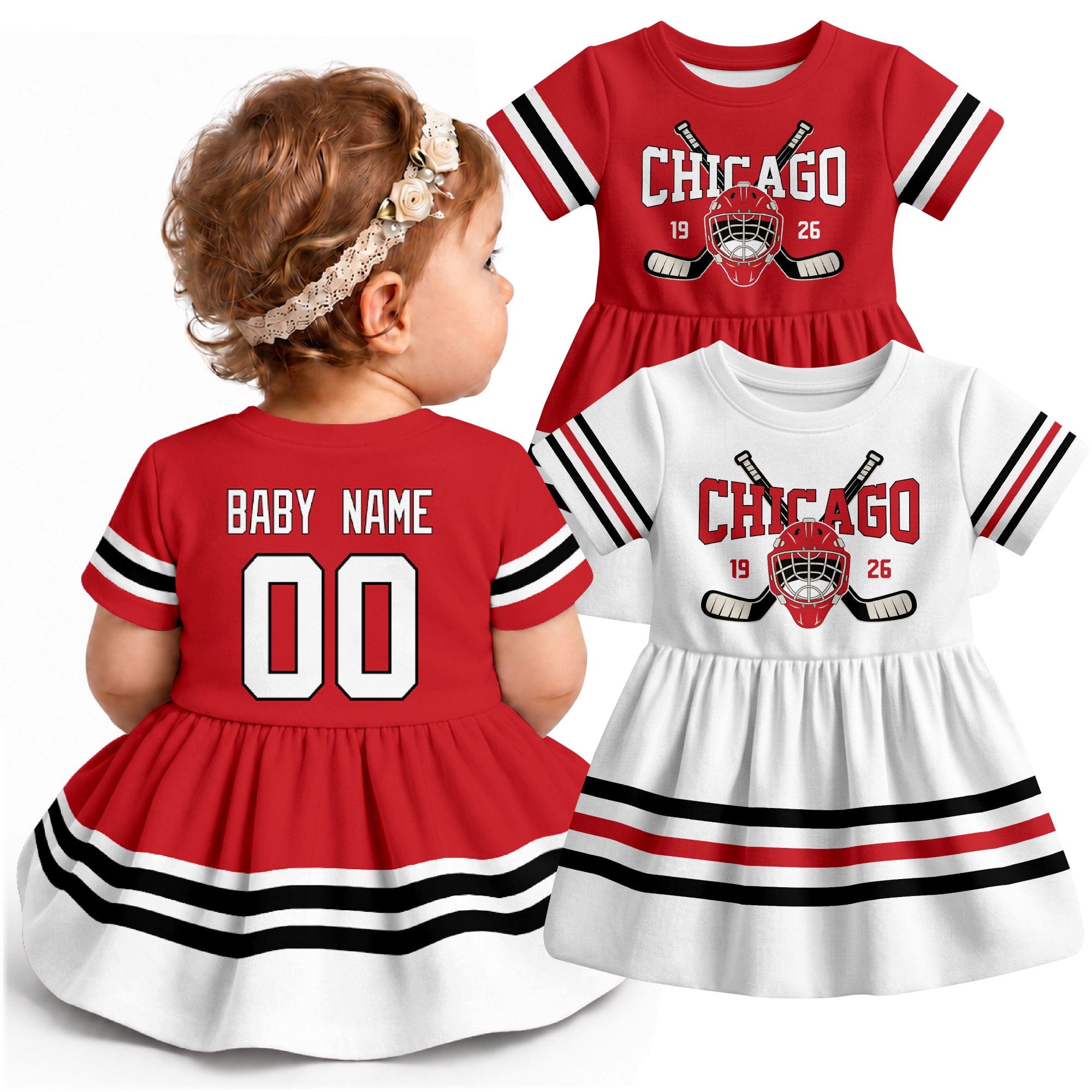 Personalized Chicago hockey baby bodysuit dress shown on baby with Red and White city-color styles