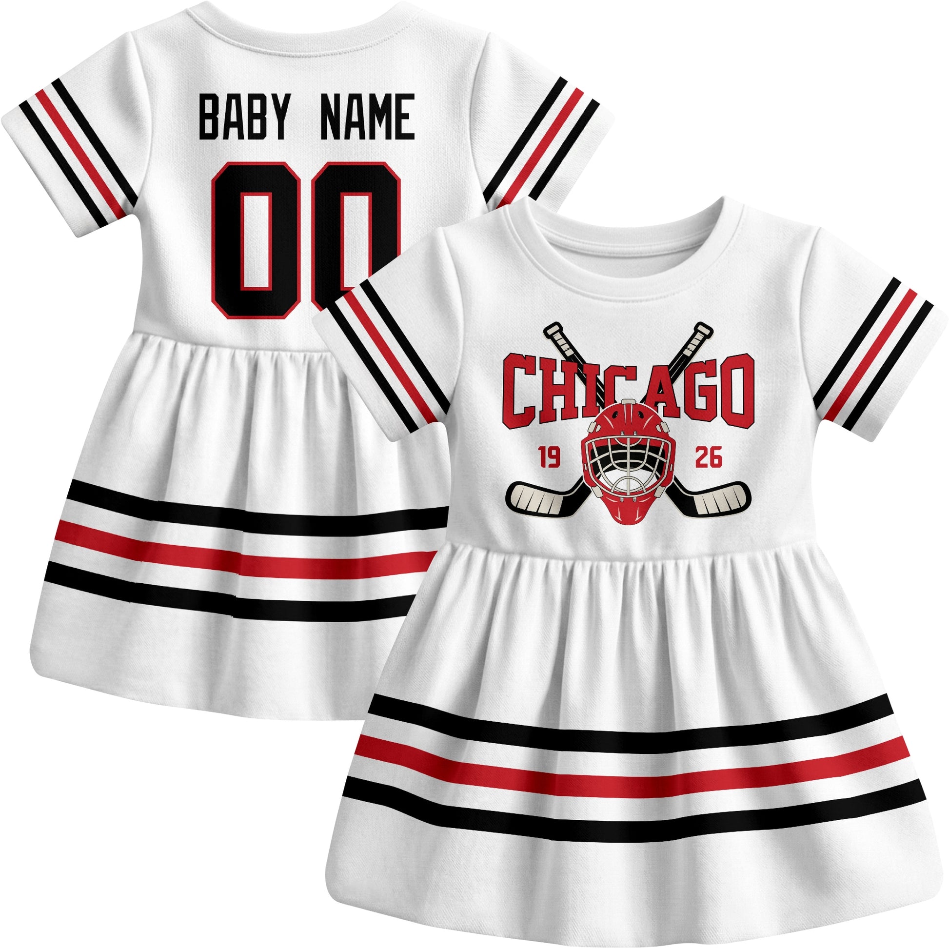 Chicago hockey baby bodysuit dress White style front and back view
