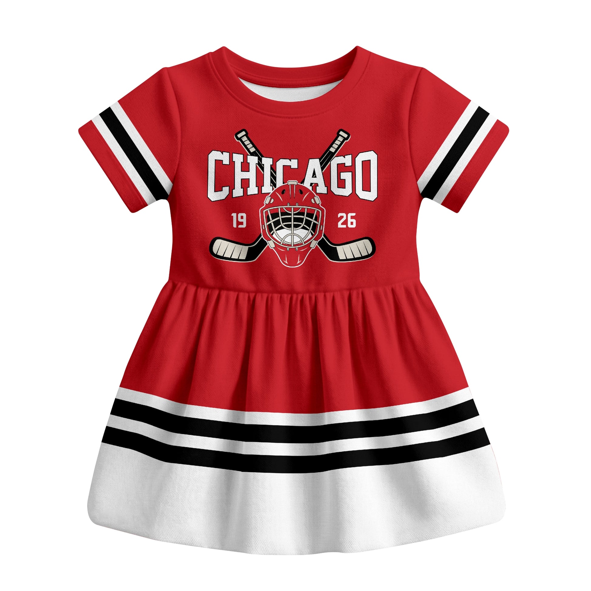 Red Chicago hockey baby bodysuit dress front view