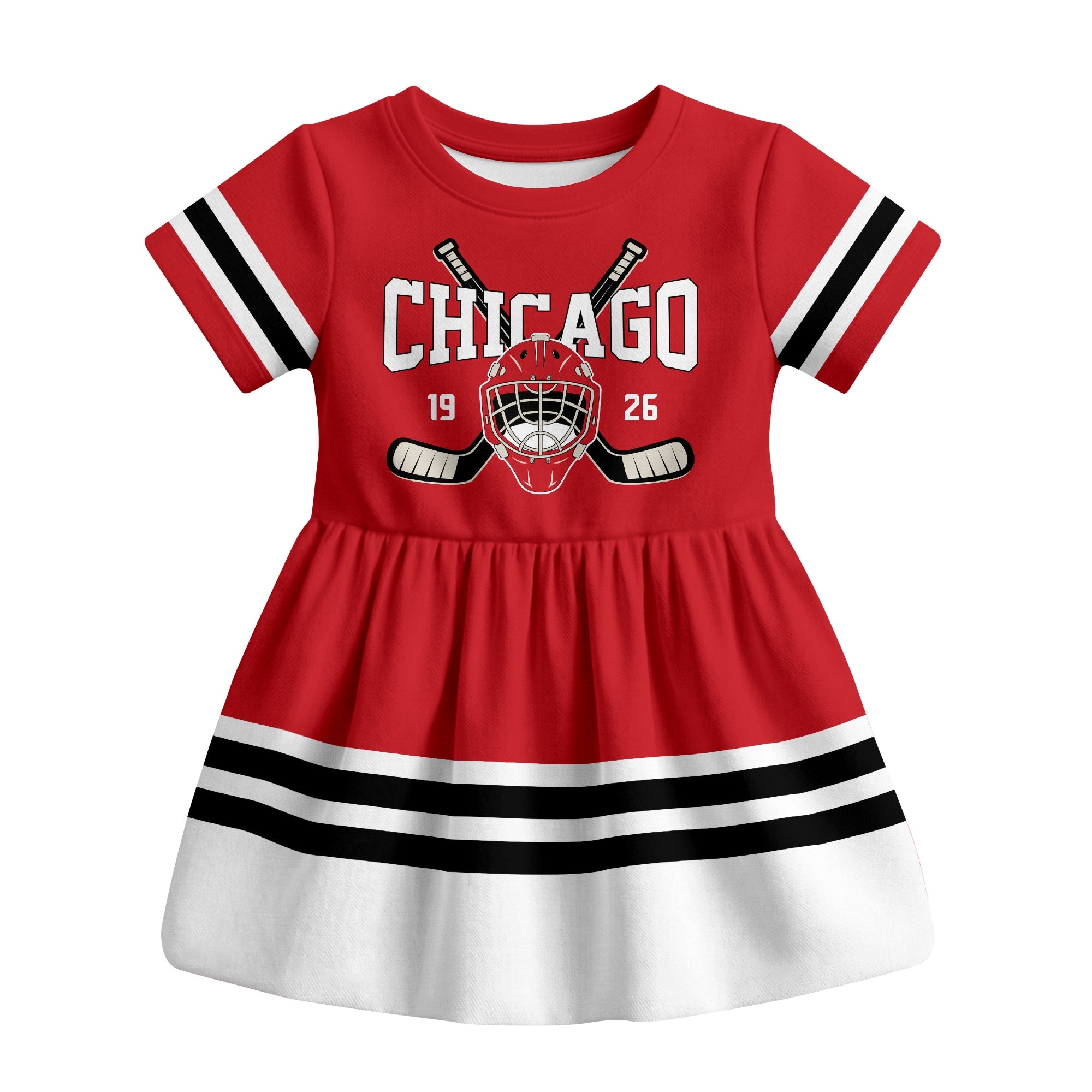 Red Chicago hockey baby bodysuit dress front view