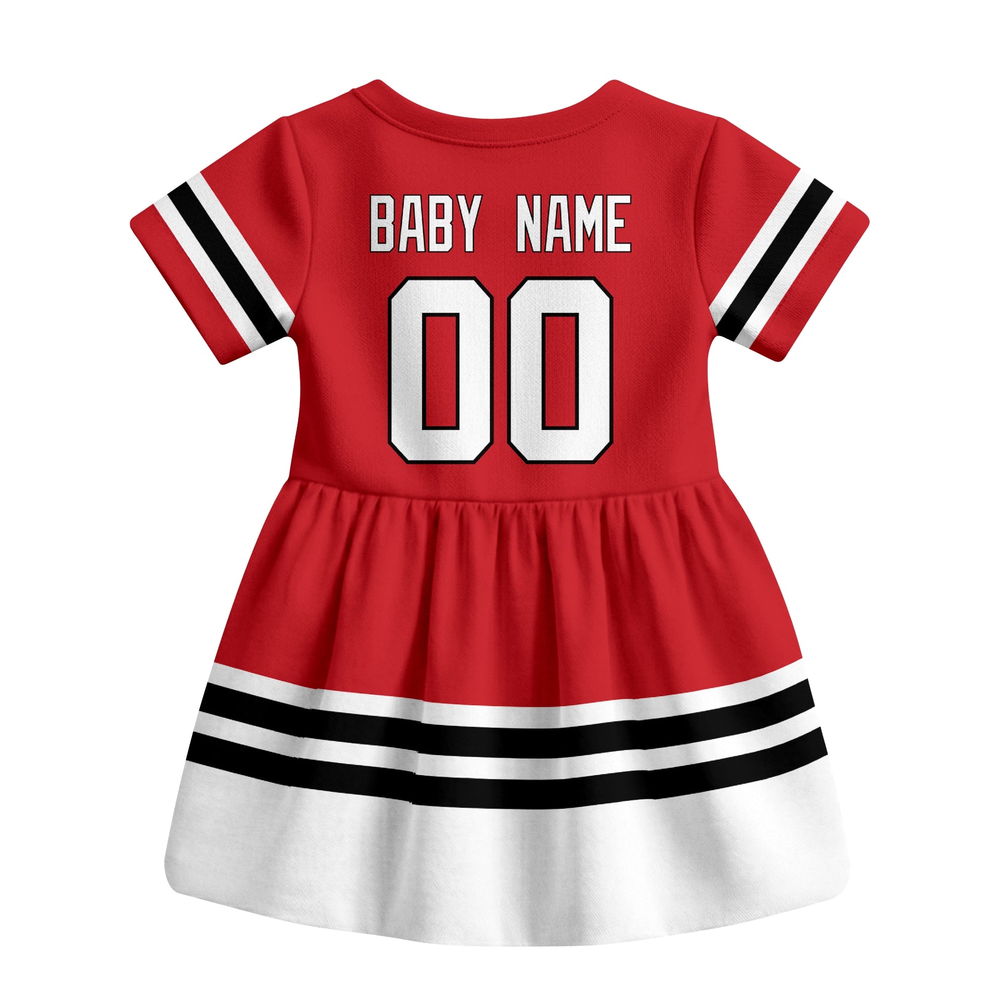 Red Chicago hockey baby bodysuit dress back view with custom baby name and number
