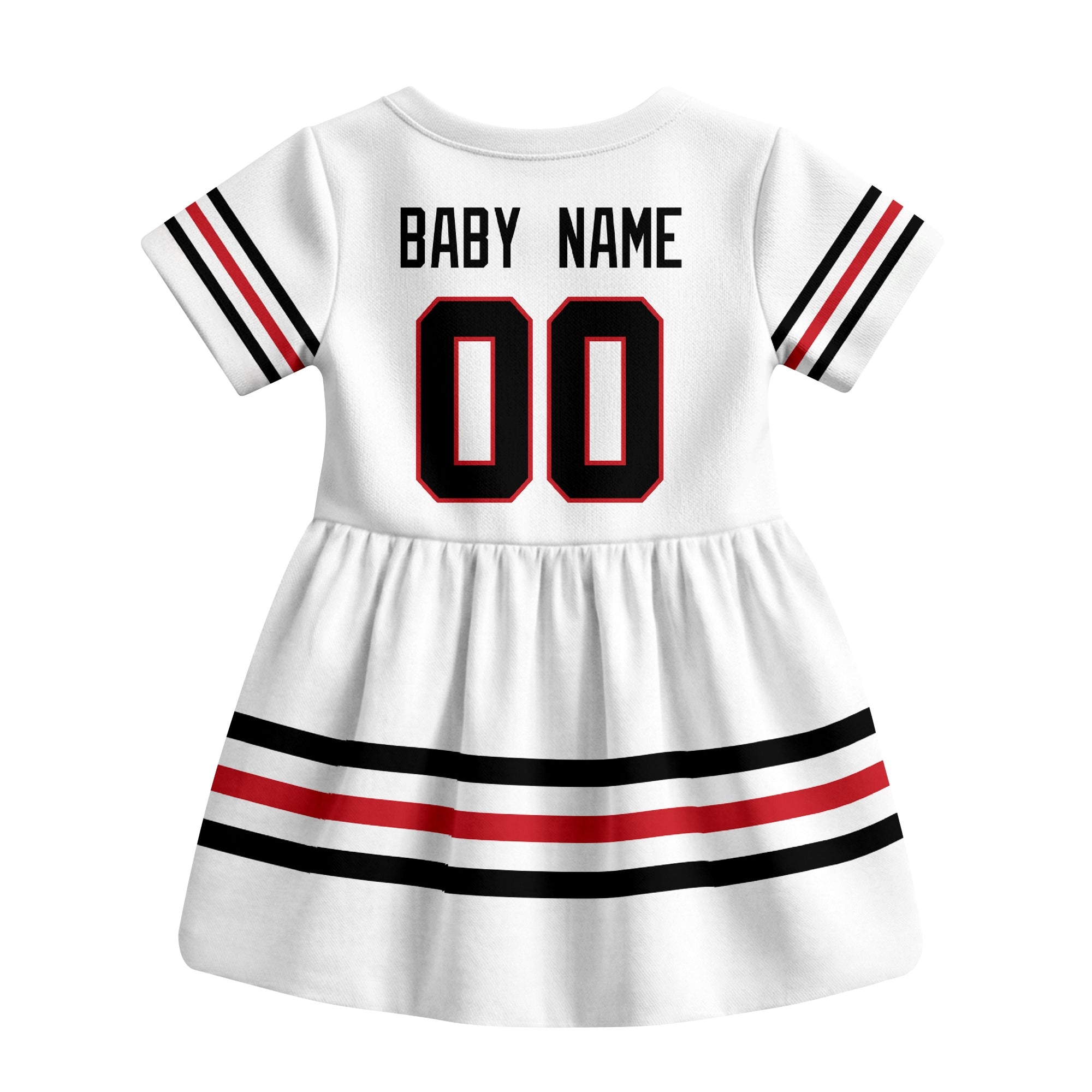 White Chicago hockey baby bodysuit dress back view with custom baby name and number