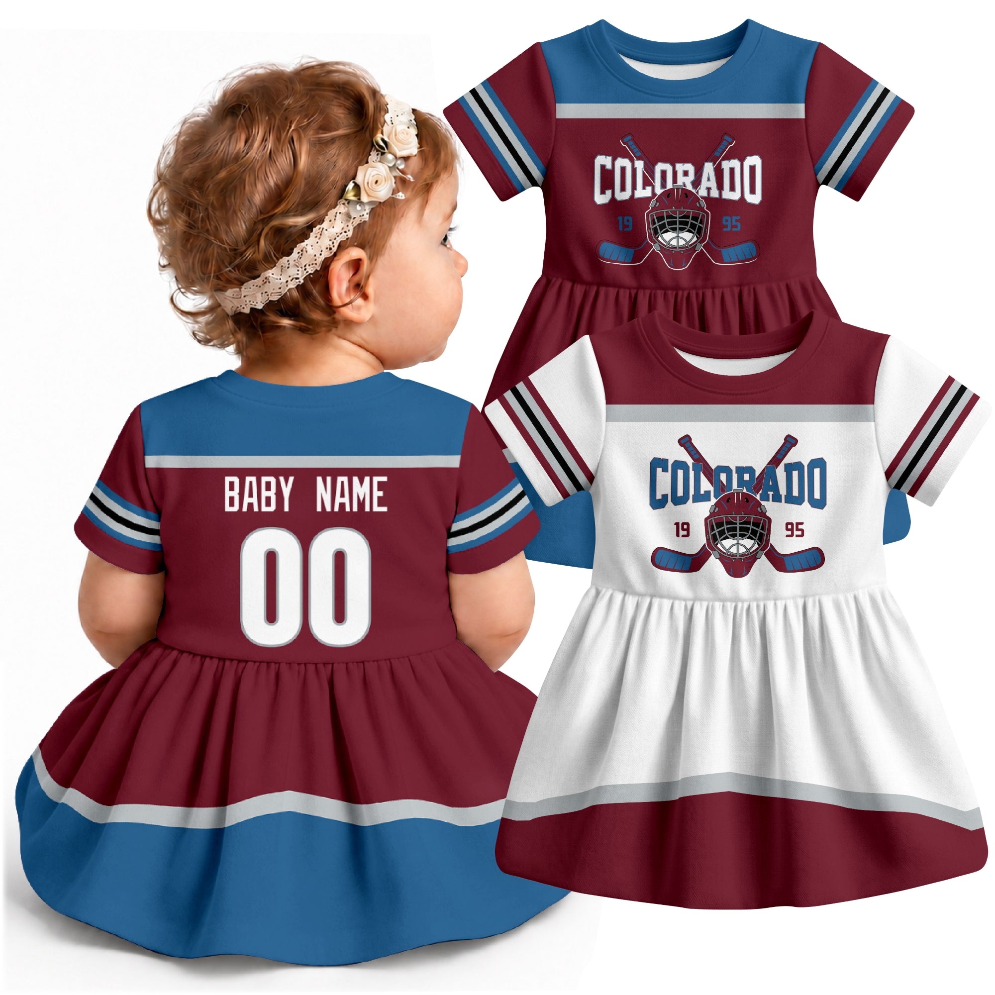 Personalized Colorado hockey baby bodysuit dress shown on baby with Burgundy and White city-color styles