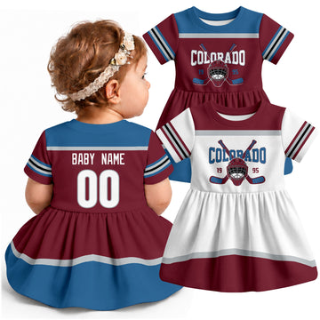 Personalized Colorado hockey baby bodysuit dress shown on baby with Burgundy and White city-color styles