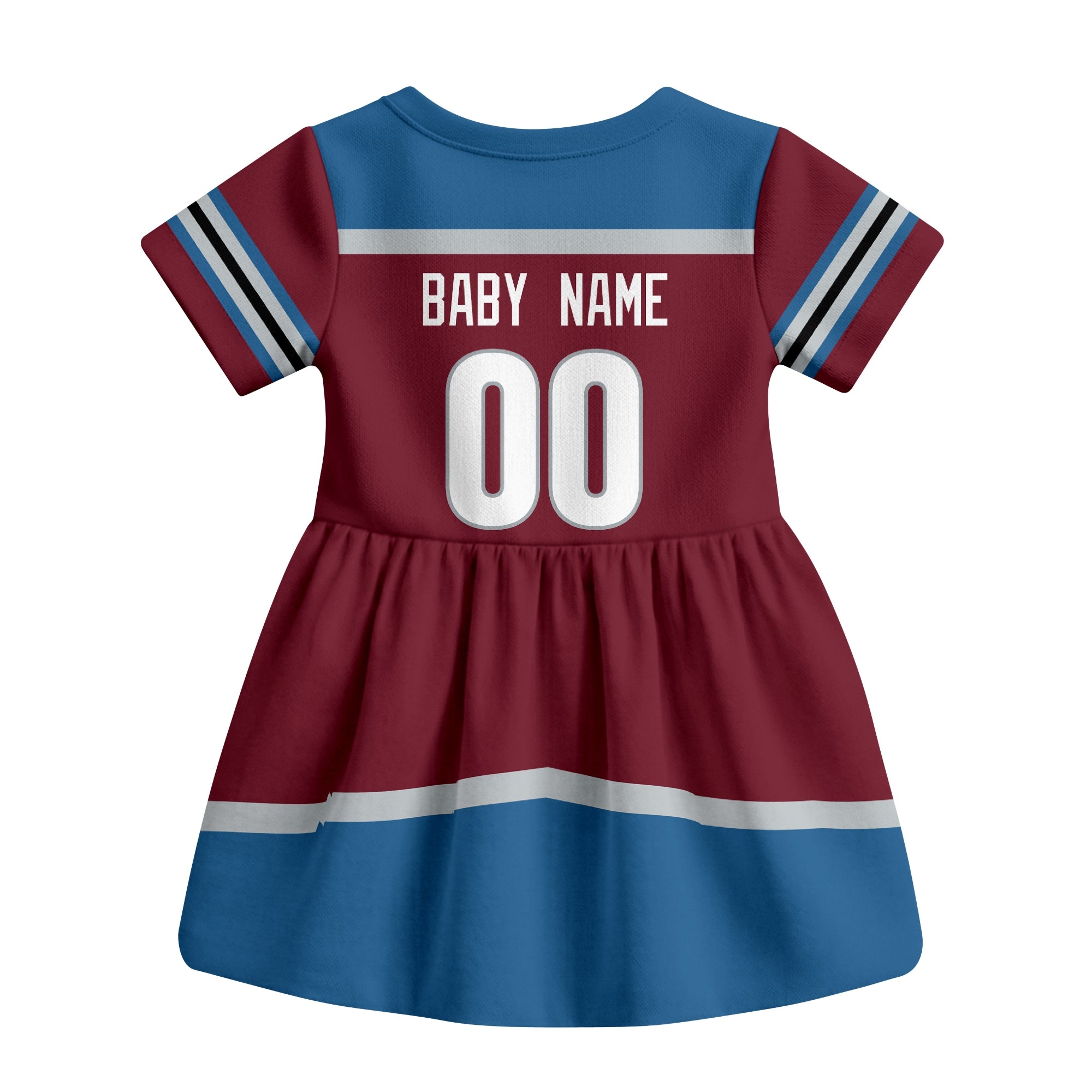 Burgundy Colorado hockey baby bodysuit dress back view with custom baby name and number