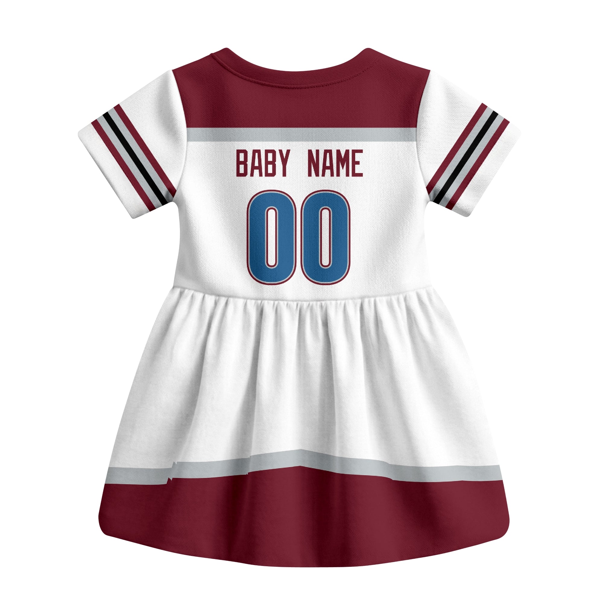 White Colorado hockey baby bodysuit dress back view with custom baby name and number
