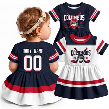 Personalized Columbus hockey baby bodysuit dress shown on baby with Navy and White city-color styles