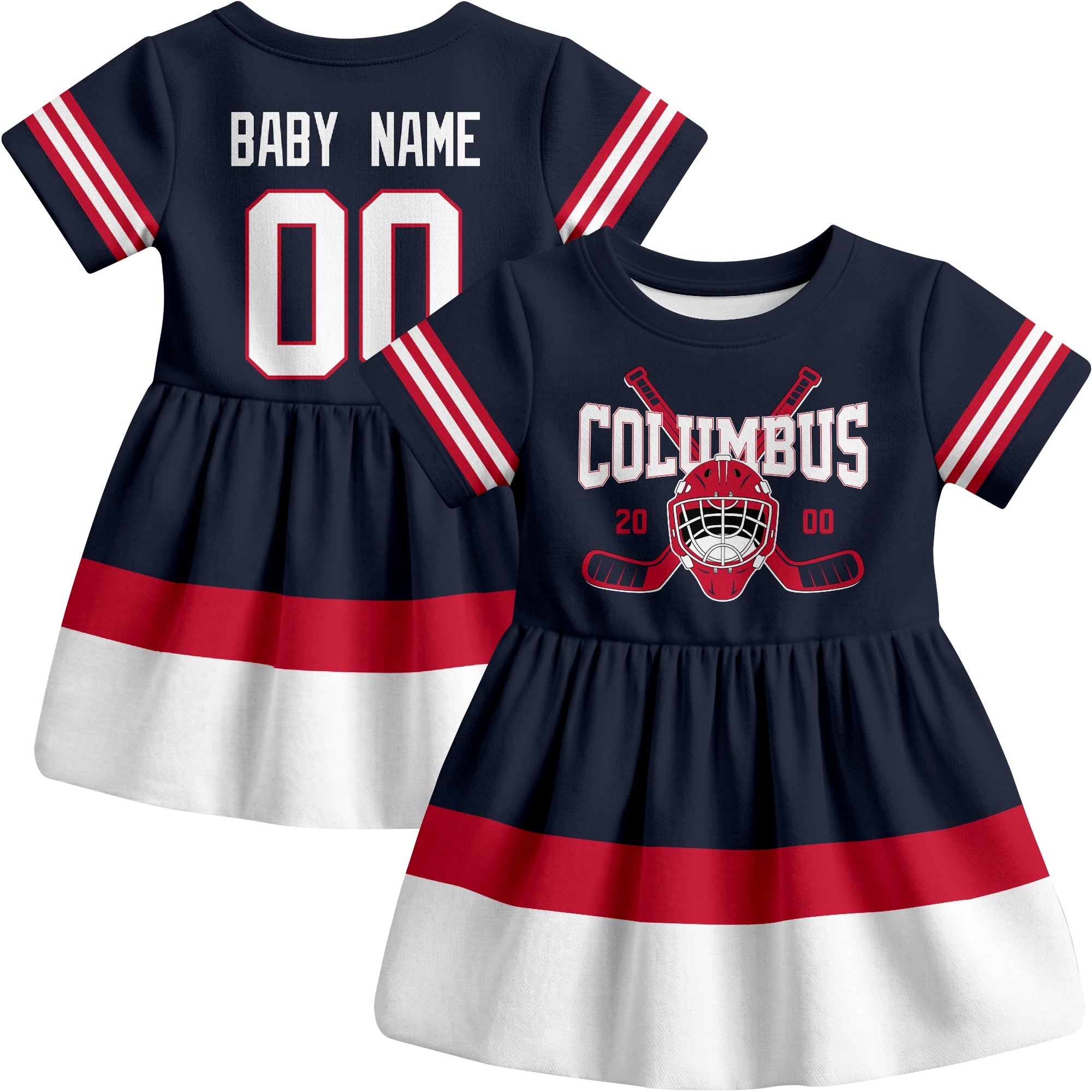 Columbus hockey baby bodysuit dress Navy style front and back view
