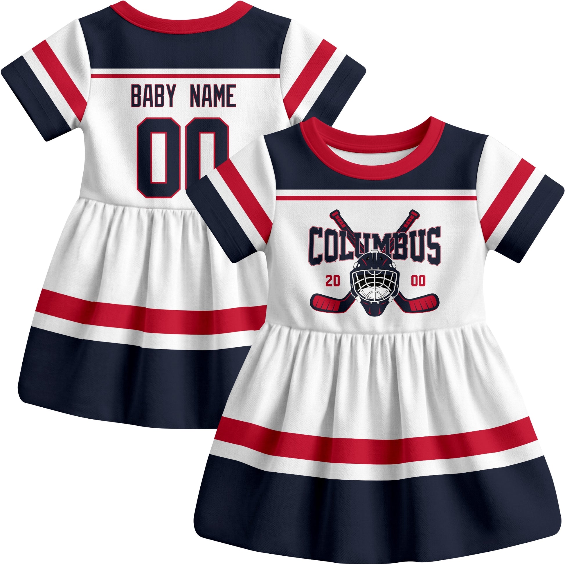 Columbus hockey baby bodysuit dress White style front and back view