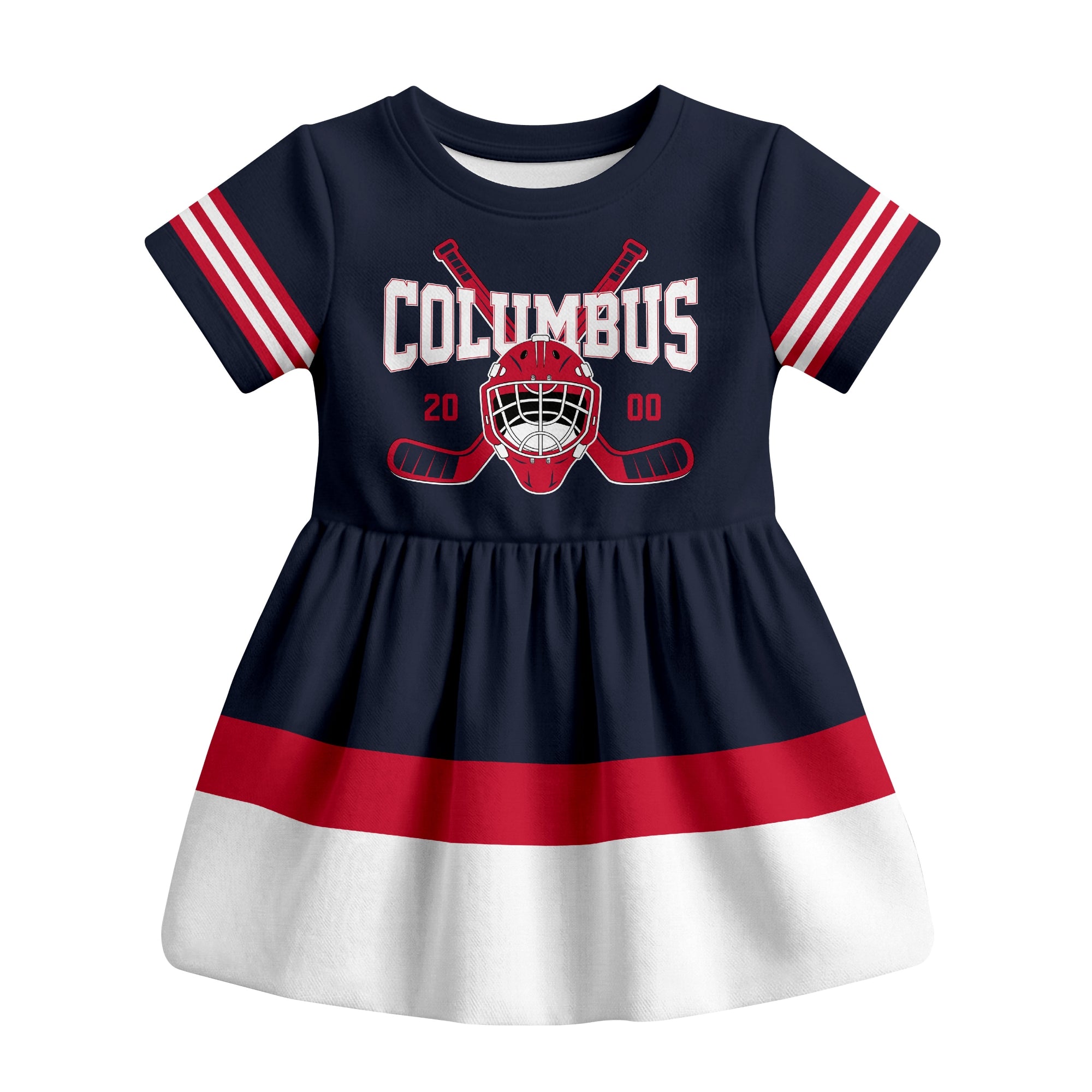 Navy Columbus hockey baby bodysuit dress front view