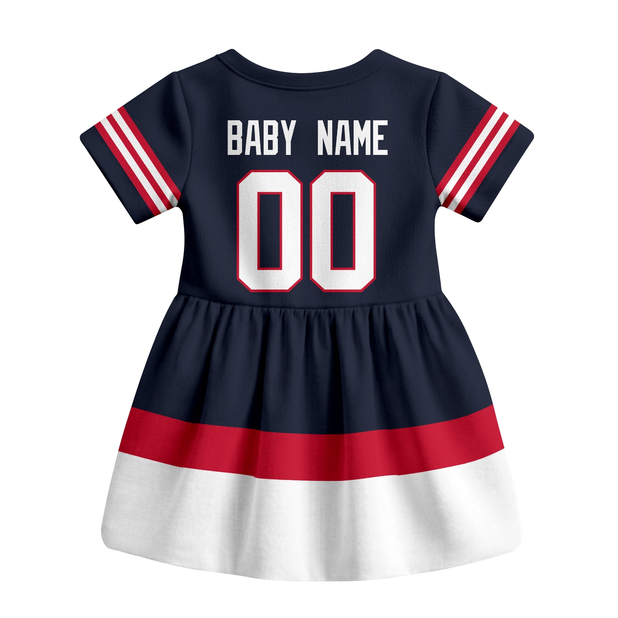 Navy Columbus hockey baby bodysuit dress back view with custom baby name and number