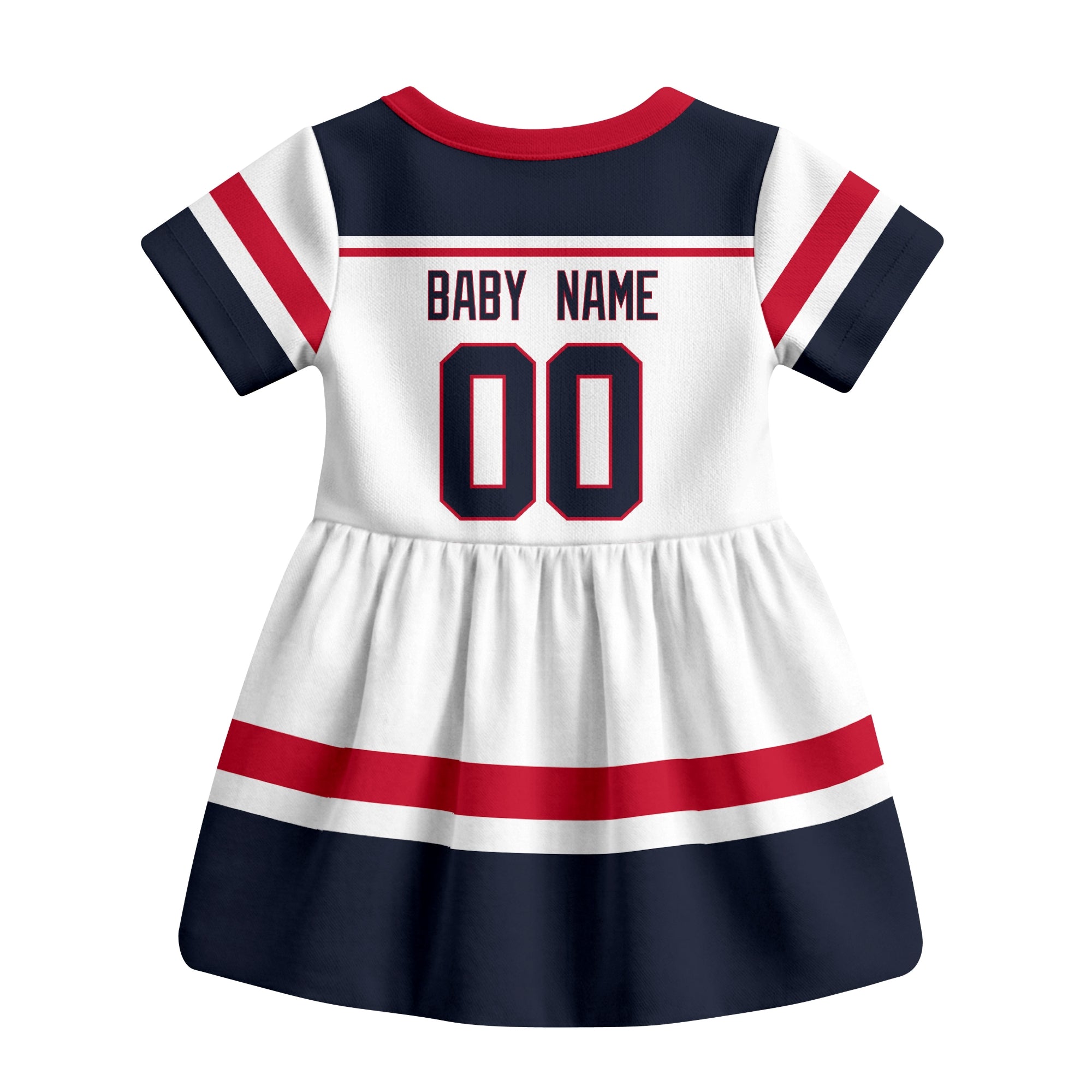 White Columbus hockey baby bodysuit dress back view with custom baby name and number