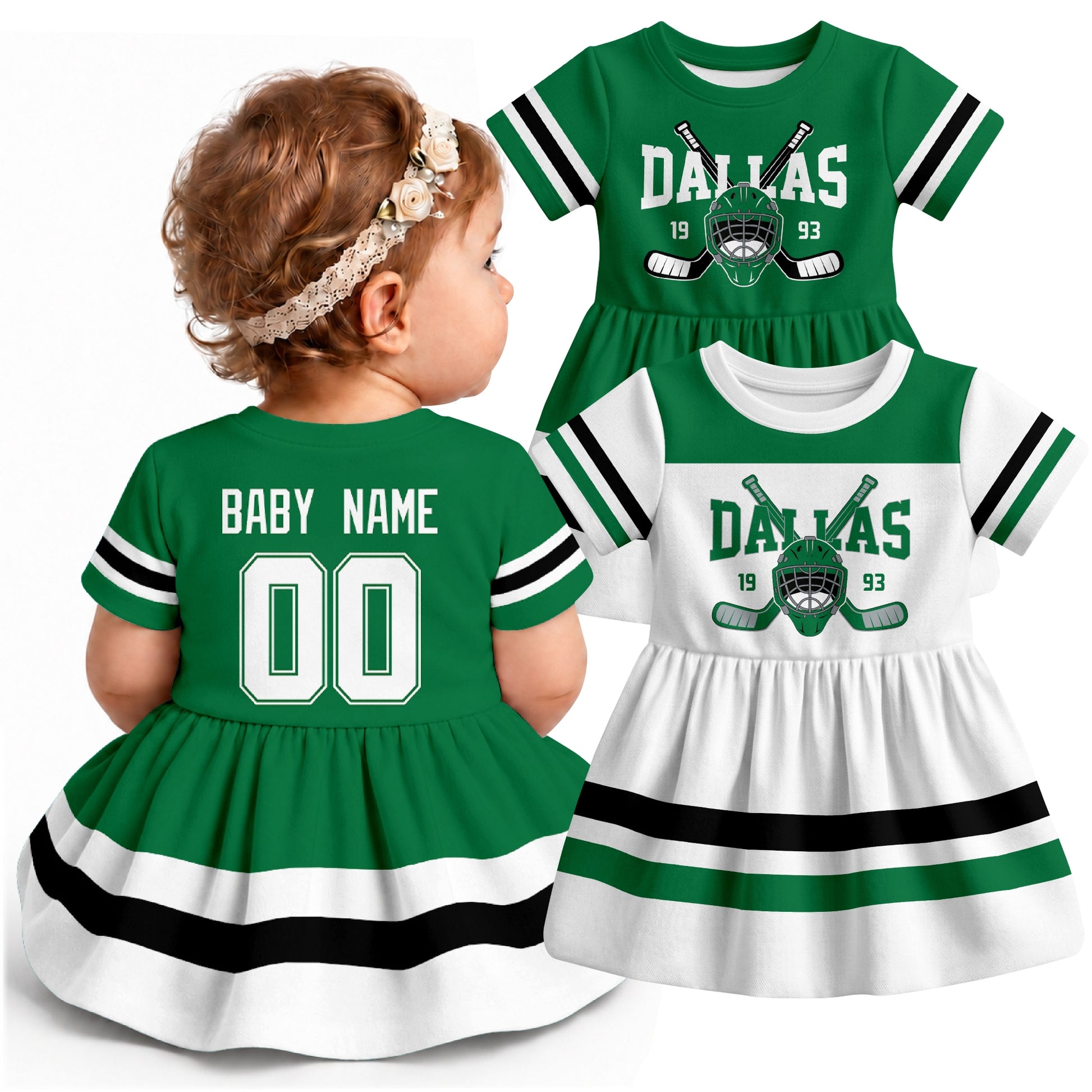 Personalized Dallas hockey baby bodysuit dress shown on baby with Green and White city-color styles