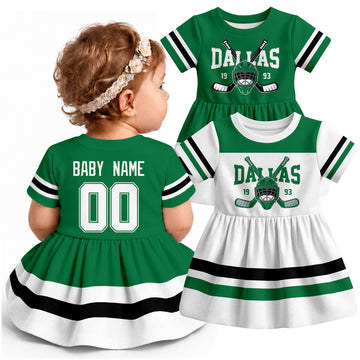 Personalized Dallas hockey baby bodysuit dress shown on baby with Green and White city-color styles