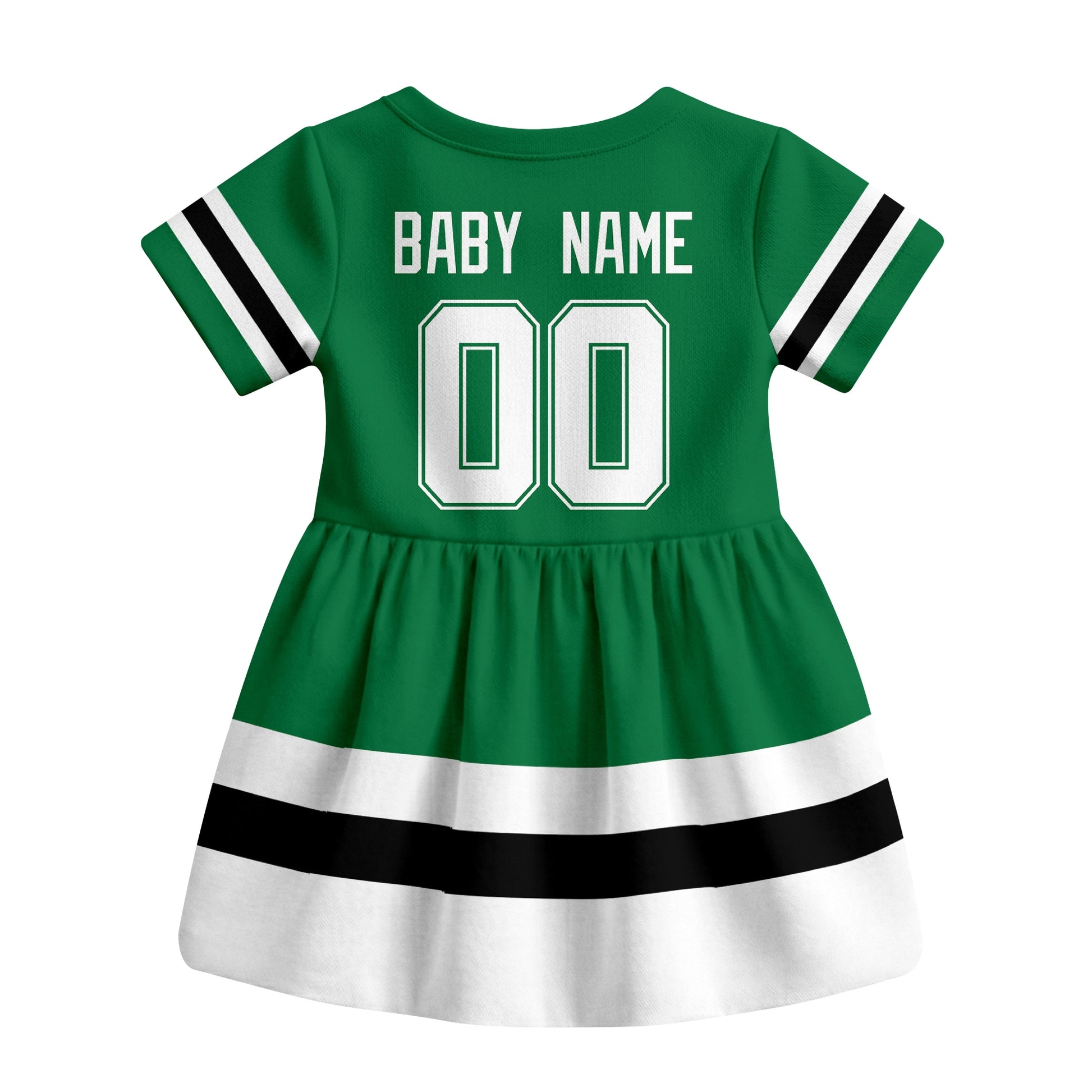 Green Dallas hockey baby bodysuit dress back view with custom baby name and number