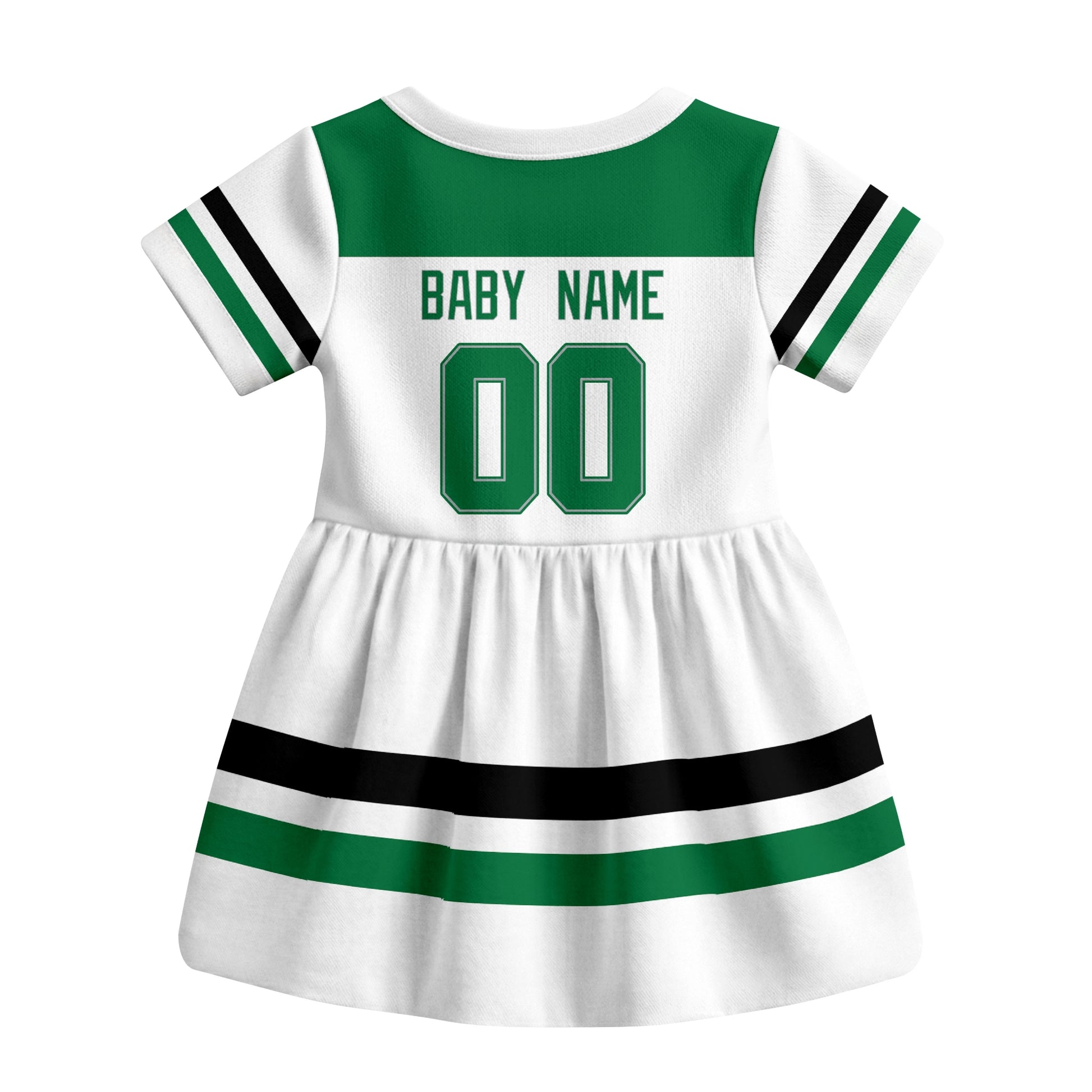 White Dallas hockey baby bodysuit dress back view with custom baby name and number